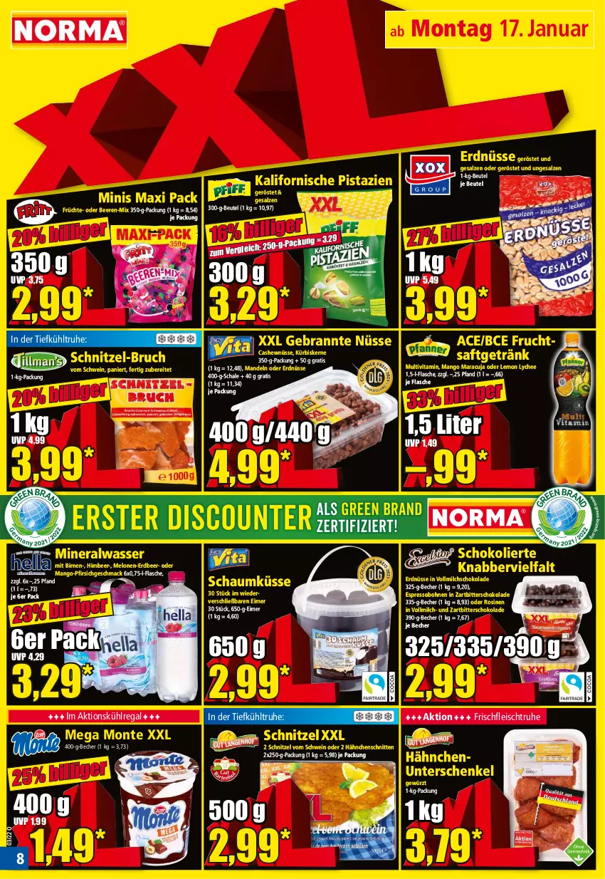 Aktueller Prospekt Norma - Norma - von 17.01 bis 24.01.2022 - strona 8 - produkty: Alwa, Becher, beere, beeren, beutel, Birnen, bohne, bohnen, Cashew, eimer, eis, erdnüsse, espresso, flasche, fleisch, frucht, früchte, fruchtsaft, fruchtsaftgetränk, getränk, gewürz, henkel, himbeer, kühlregal, Kürbis, kürbiskerne, mac, mandel, mandeln, mango, maracuja, melone, melonen, milch, mineralwasser, monte, pfirsich, pistazien, regal, saft, salz, Schal, Schale, schenkel, schnitten, schnitzel, Schnitzel-Bruch, schoko, schokolade, schwein, Ti, vita, vollmilch, wasser, wein, Zartbitterschokolade