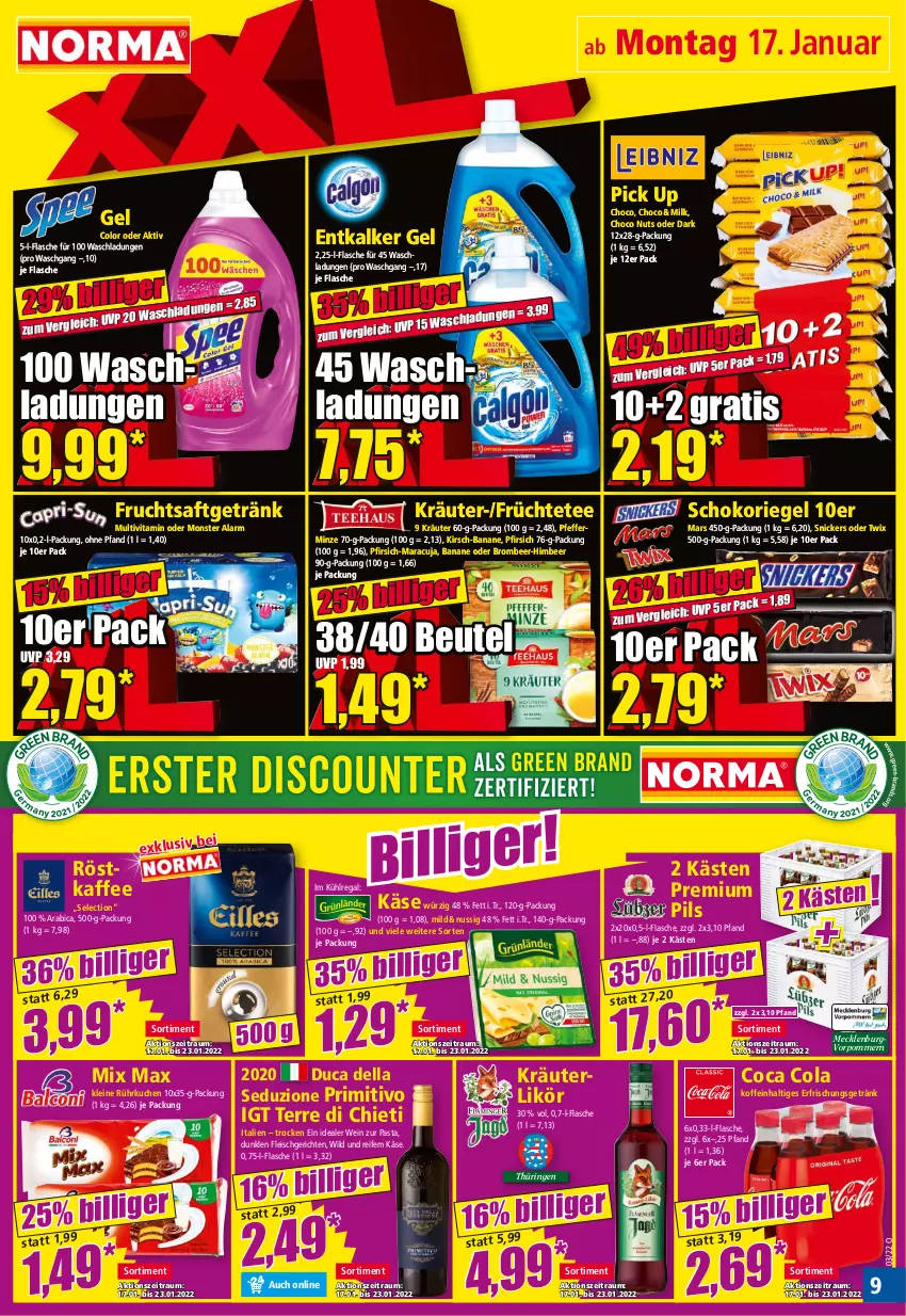 Aktueller Prospekt Norma - Norma - von 17.01 bis 24.01.2022 - strona 9 - produkty: banane, beutel, cola, dell, eis, entkalker, erfrischungsgetränk, flasche, fleisch, frucht, früchte, Früchtetee, fruchtsaft, fruchtsaftgetränk, getränk, himbeer, kaffee, Käse, kirsch, kräuter, kräuterlikör, kuchen, kühlregal, leine, likör, maracuja, mars, minze, monster, nuss, oder twix, pasta, pfeffer, pfefferminze, pfirsich, pils, premium pils, primitivo, regal, riegel, ring, röstkaffee, saft, schoko, schokoriegel, snickers, tee, Ti, twix, vita, wein, Wild