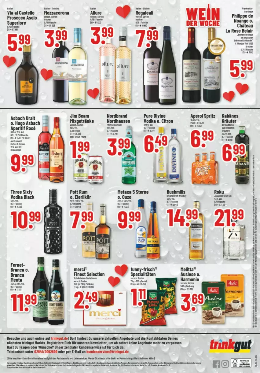 Aktueller Prospekt Trinkgut - Prospekte - von 16.02 bis 17.02.2024 - strona 6 - produkty: angebot, angebote, aperitif, aperol, asbach uralt, corona, ecco, eis, elle, Fernet, flasche, funny-frisch, getränk, getränke, hugo, jim beam, kräuter, lack, melitta, merci, mezzacorona, Mixgetränk, nissan, nordbrand, prosecco, regal, Spezi, tee, telefon, Three Sixty, Ti, Tiere, vodka, Yo