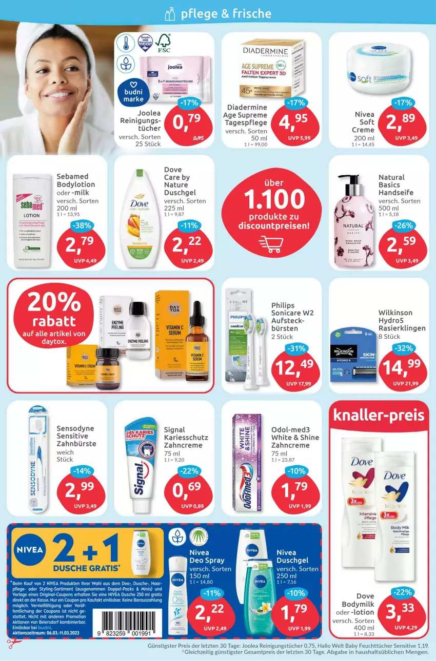 Aktueller Prospekt Budni - Prospekte - von 06.03 bis 11.03.2023 - strona 2 - produkty: body, body milk, bodylotion, Bodymilk, buch, bürste, bürsten, coupon, coupons, creme, deo, deo spray, Diadermine, discount, dove, dusche, duschgel, eier, eis, feuchtigkeitspflege, feuchttücher, gin, Handseife, Kamill, kamille, Lotion, natur, natura, nivea, Odol, Philips, Rasierklinge, rasierklingen, Reinigung, reinigungstücher, reis, sebamed, Seife, sensodyne, Signal, sonicare, tagescreme, Tagespflege, Ti, tücher, wilkinson, zahnbürste, zahncreme, ZTE