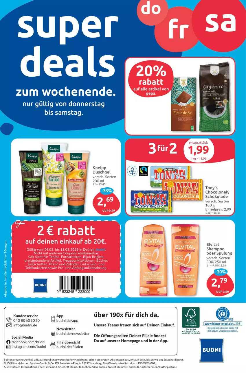 Aktueller Prospekt Budni - Prospekte - von 06.03 bis 11.03.2023 - strona 8 - produkty: auer, Beba, bio, drucker, dusche, duschgel, eis, elvital, Engel, kerze, kneipp, Omep, pflegedusche, reis, ring, schoko, schokolade, shampoo, shampoo oder spülung, spülung, Ti, trolli, vita, Yo