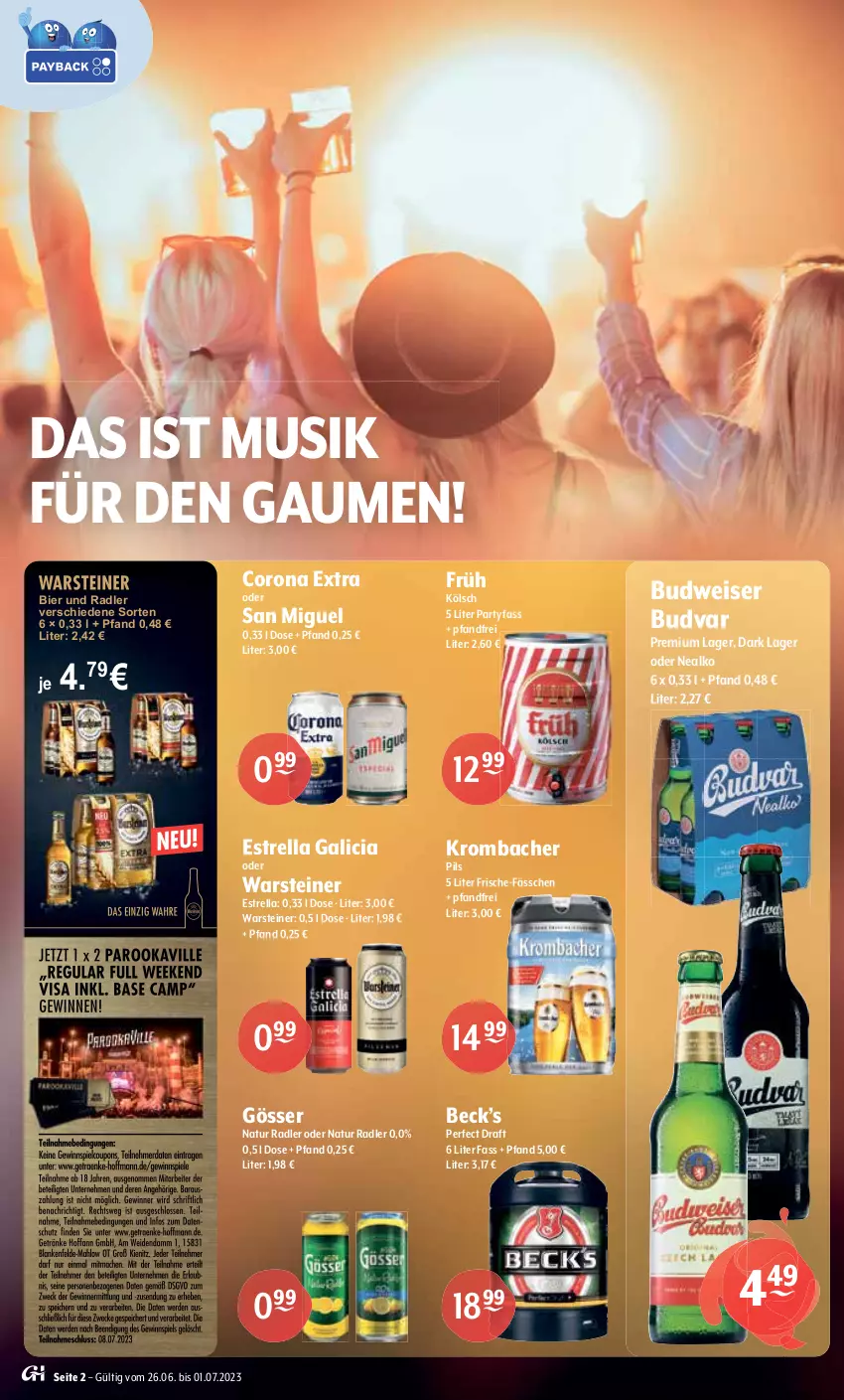 Aktueller Prospekt Getraenke Hoffmann - Prospekte - von 26.06 bis 01.07.2023 - strona 2 - produkty: alkohol, Alwa, bacardi, bier, bowle, brause, budweiser, burger, coca-cola, cola, corona, corona extra, eis, elle, fassbrause, flasche, frucht, gösser, granini, jack daniel, Jack Daniel’s, katlenburger, krombache, krombacher, limo, Meister, mineralwasser, monster, natur, natur radler, natürliches mineralwasser, pfirsich, pils, radler, rel, rheinfels quelle, schweppes, sekt, steiner, Ti, veltins, waldmeister, warsteiner, wasser, wein, whiskey