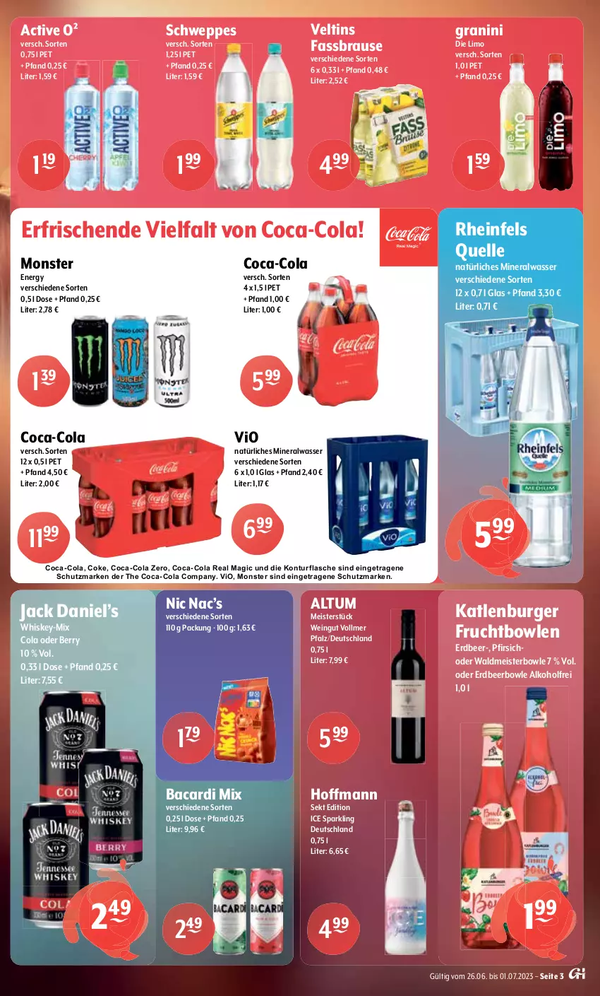 Aktueller Prospekt Getraenke Hoffmann - Prospekte - von 26.06 bis 01.07.2023 - strona 3 - produkty: alkohol, Alwa, bacardi, bier, bowle, brause, budweiser, burger, coca-cola, cola, corona, corona extra, eis, elle, fassbrause, flasche, frucht, gösser, granini, jack daniel, Jack Daniel’s, katlenburger, krombache, krombacher, limo, Meister, mineralwasser, monster, natur, natur radler, natürliches mineralwasser, pfirsich, pils, radler, rel, rheinfels quelle, schweppes, sekt, steiner, Ti, veltins, waldmeister, warsteiner, wasser, wein, whiskey