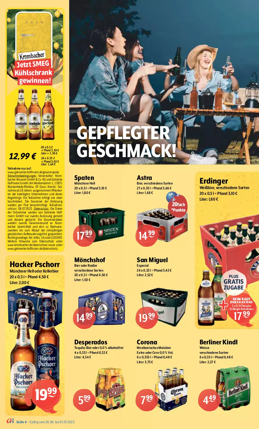 Aktueller Prospekt Getraenke Hoffmann - Prospekte - von 26.06 bis 01.07.2023 - strona 4 - produkty: alkohol, Astra, auer, Berger, berliner, berliner kindl, bier, burger, cola, corona, desperados, eis, elle, erde, erdinger, flasche, flensburger, getränk, getränke, gewinnspiel, hacker pschorr, hasseröder, jever, kellerbier, krombache, krombacher, kühlschrank, LG, mac, mais, Mixer, mixery, mönchshof, oder radler, pils, premium pils, radeberger, radler, Schrank, Spaten, Spiele, tequila, Ti, weck