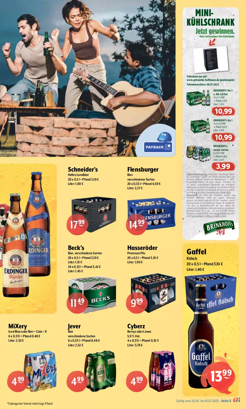 Aktueller Prospekt Getraenke Hoffmann - Prospekte - von 26.06 bis 01.07.2023 - strona 5 - produkty: alkohol, Astra, auer, Berger, berliner, berliner kindl, bier, burger, cola, corona, desperados, eis, elle, erde, erdinger, flasche, flensburger, getränk, getränke, gewinnspiel, hacker pschorr, hasseröder, jever, kellerbier, krombache, krombacher, kühlschrank, LG, mac, mais, Mixer, mixery, mönchshof, oder radler, pils, premium pils, radeberger, radler, Schrank, Spaten, Spiele, tequila, Ti, weck