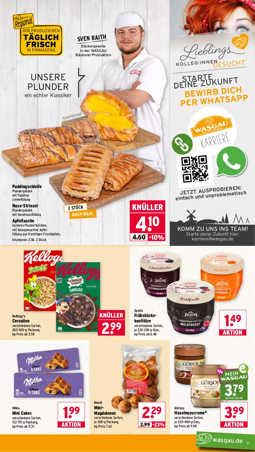 Aktueller Prospekt Wasgau - von 14.09 bis 19.09.2026 - strona 11 - produkty: apfel, Apfeltasche, bier, Biere, cerealien, creme, eis, elle, frucht, haselnuss, Haselnusscreme, Kellogg‘s, konfitüre, mac, milka, nuss, Plunder, pudding, reis, Tasche, Ti, tisch, zentis