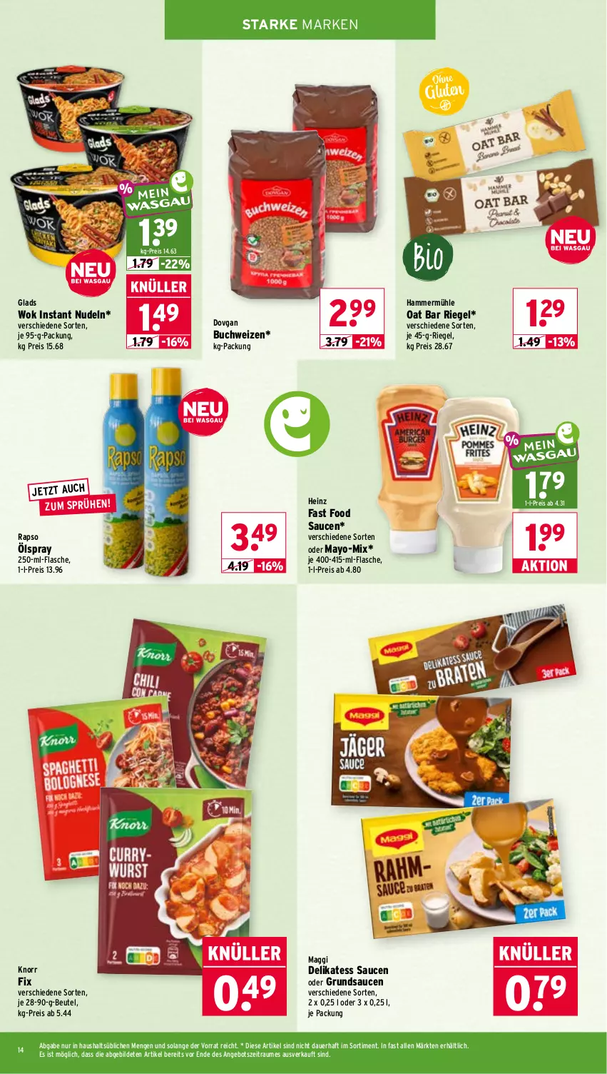 Aktueller Prospekt Wasgau - von 14.09 bis 19.09.2026 - strona 14 - produkty: angebot, auer, beutel, buch, delikatess sauce, dovgan, eis, flasche, heinz, knorr, knorr fix, maggi, nudel, nudeln, rapso, reis, riegel, sauce, saucen, Ti, wok, Yo