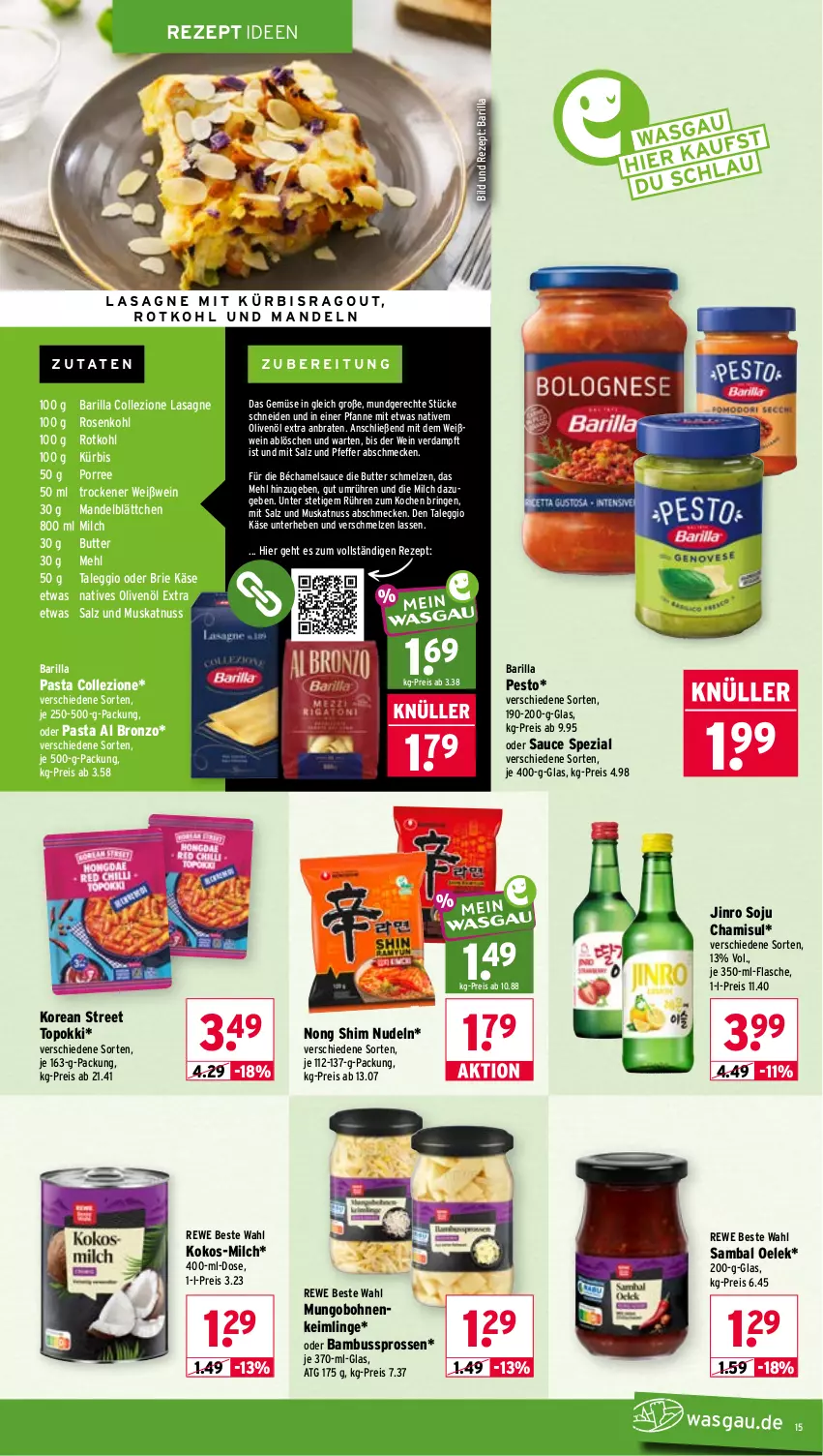 Aktueller Prospekt Wasgau - von 14.09 bis 19.09.2026 - strona 15 - produkty: bambus, barilla, bohne, bohnen, braten, brie, butter, eis, flasche, Käse, kokos, Kürbis, lasagne, mandel, mandeln, mehl, milch, Muskatnuss, natives olivenöl, nudel, nudeln, nuss, olive, oliven, olivenöl, olivenöl extra, pasta, pesto, pfanne, pfeffer, reis, rewe beste wahl, rezept, ring, rosen, Rosenkohl, rotkohl, salz, Sambal Oelek, sauce, Spezi, Ti, wein, Weißwein