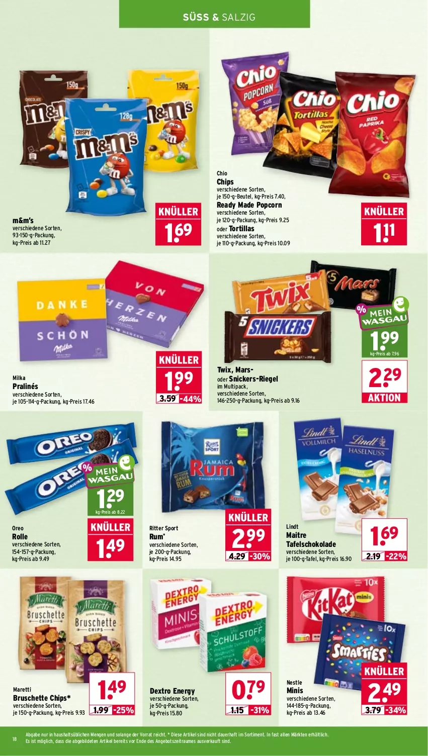 Aktueller Prospekt Wasgau - von 14.09 bis 19.09.2026 - strona 18 - produkty: angebot, auer, beutel, Bruschette, chio chips, chips, eis, lindt, mars, milka, oreo, popcorn, reis, riegel, ritter, ritter sport, rum, salz, schoko, schokolade, snickers, Sport, tafelschokolade, Ti, tortilla, tortillas, twix