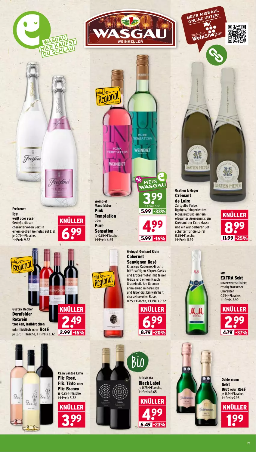 Aktueller Prospekt Wasgau - von 14.09 bis 19.09.2026 - strona 19 - produkty: bio, black label, brut, cabernet, cabernet sauvignon, cassis, crémant de loire, decke, dornfelder, eis, Faktu, flasche, freixenet, frucht, geldermann, grapefruit, lack, mm extra, mousse, perlen, reis, rotwein, rwe, saft, sauvignon, sekt, Ti, wein