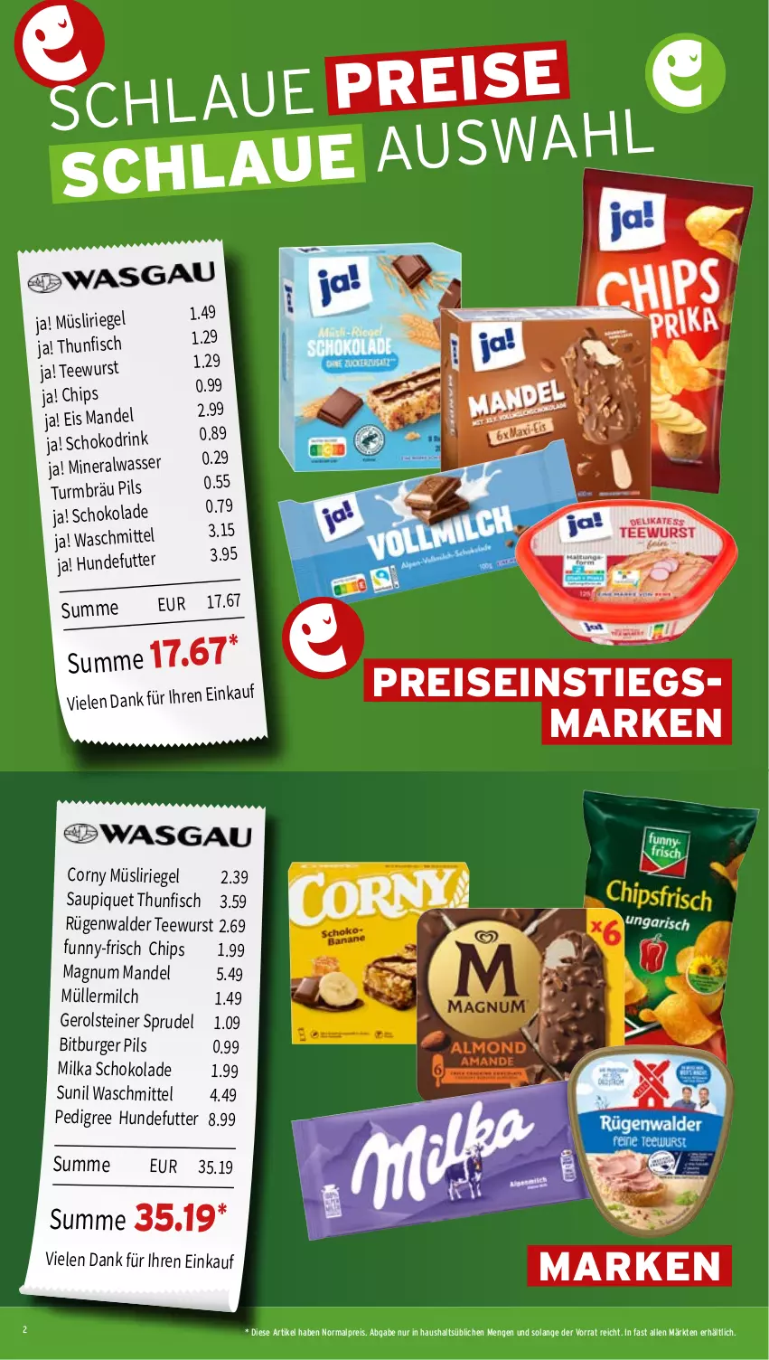 Aktueller Prospekt Wasgau - von 14.09 bis 19.09.2026 - strona 2 - produkty: Alwa, bitburger, bitburger pils, burger, chips, corny, drink, eis, fisch, funny-frisch, gerolsteine, gerolsteiner, magnum, mandel, milch, milka, milka schokolade, mineralwasser, Müller, müllermilch, müsli, Müsliriegel, pedigree, pils, reis, riegel, rügenwalder, saupiquet, schoko, schokolade, Sprudel, steiner, sunil, tee, teewurst, thunfisch, Ti, waschmittel, wasser, wurst