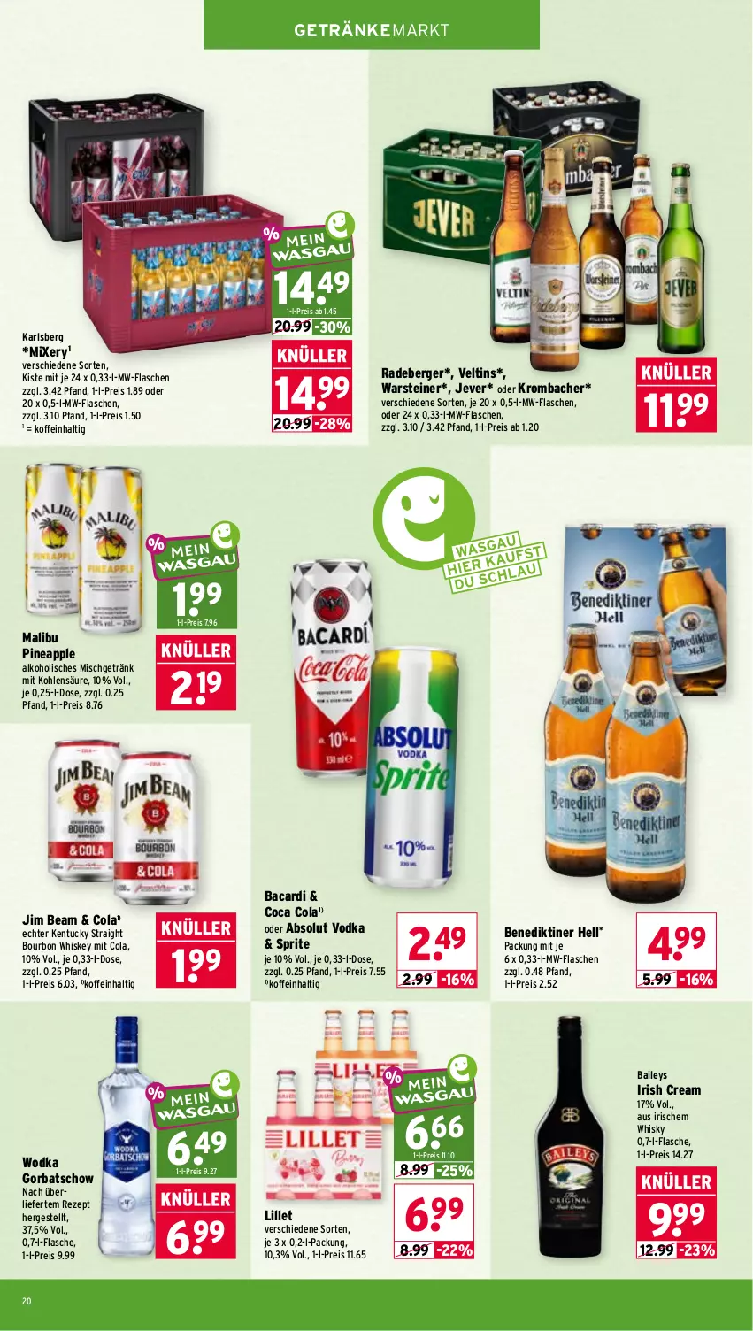 Aktueller Prospekt Wasgau - von 14.09 bis 19.09.2026 - strona 20 - produkty: Absolut Vodka, alkohol, Apple, bacardi, baileys, Benediktiner, Berger, bourbon, bourbon whiskey, cola, eis, flasche, getränk, getränke, Gorbatschow, irish cream, jever, jim beam, karlsberg, kentucky straight, krombache, krombacher, lillet, Malibu, Mixer, mixery, mw-flasche, radeberger, reis, rezept, sprite, steiner, Ti, tuc, veltins, vodka, warsteiner, whiskey, whisky, wodka