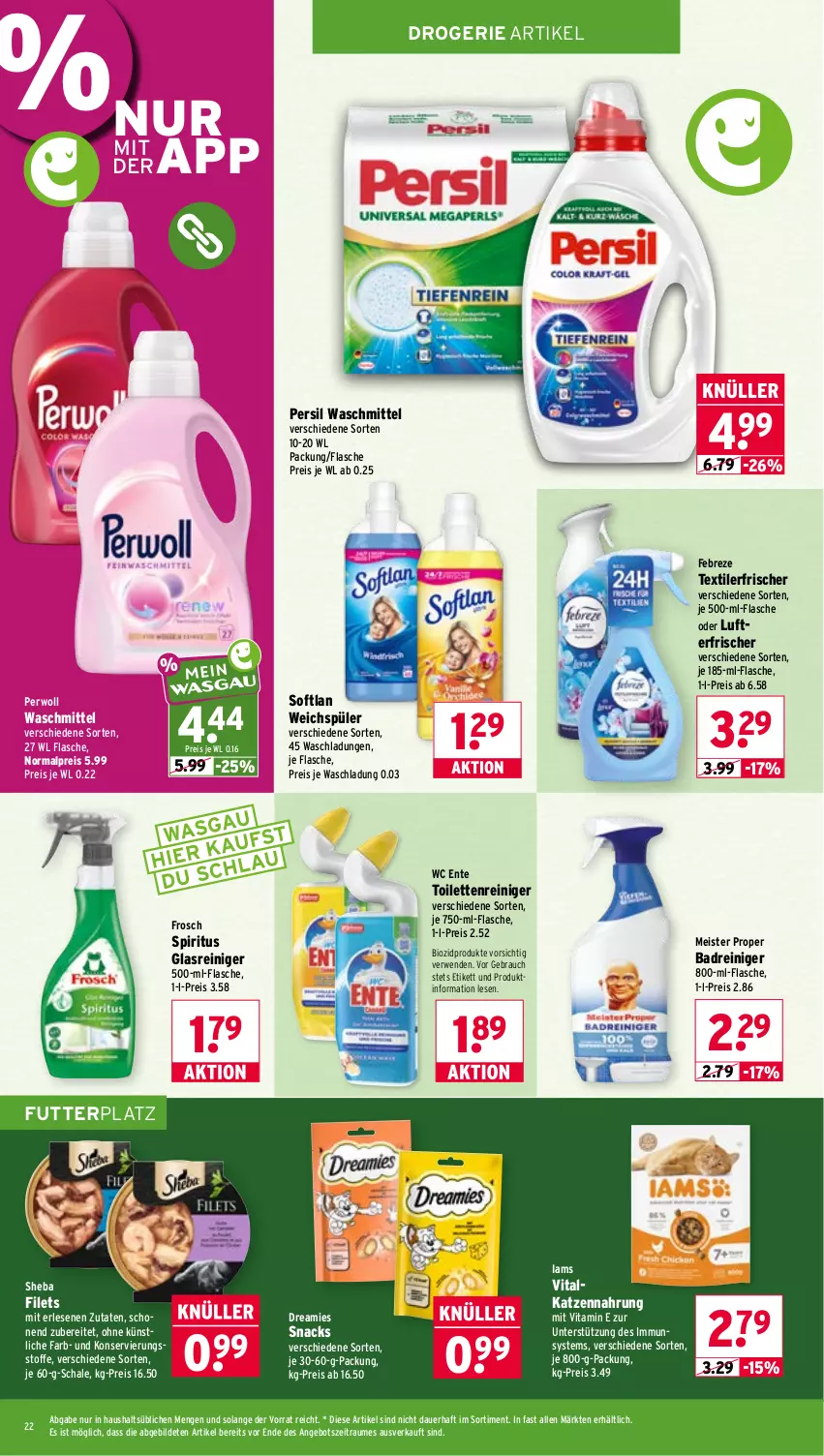 Aktueller Prospekt Wasgau - von 14.09 bis 19.09.2026 - strona 22 - produkty: angebot, auer, Bad, bio, biozidprodukte, dreamies, eis, ente, febreze, filet, filets, flasche, Frosch, Glasreiniger, je 500-ml-flasche, katzennahrung, Meister, meister proper, persil, persil waschmittel, perwoll, Rauch, reiniger, reis, rwe, Schal, Schale, sheba, snack, snacks, Softlan, spiritus, Textilerfrischer, Ti, vita, waschmittel, wc ente, weichspüler