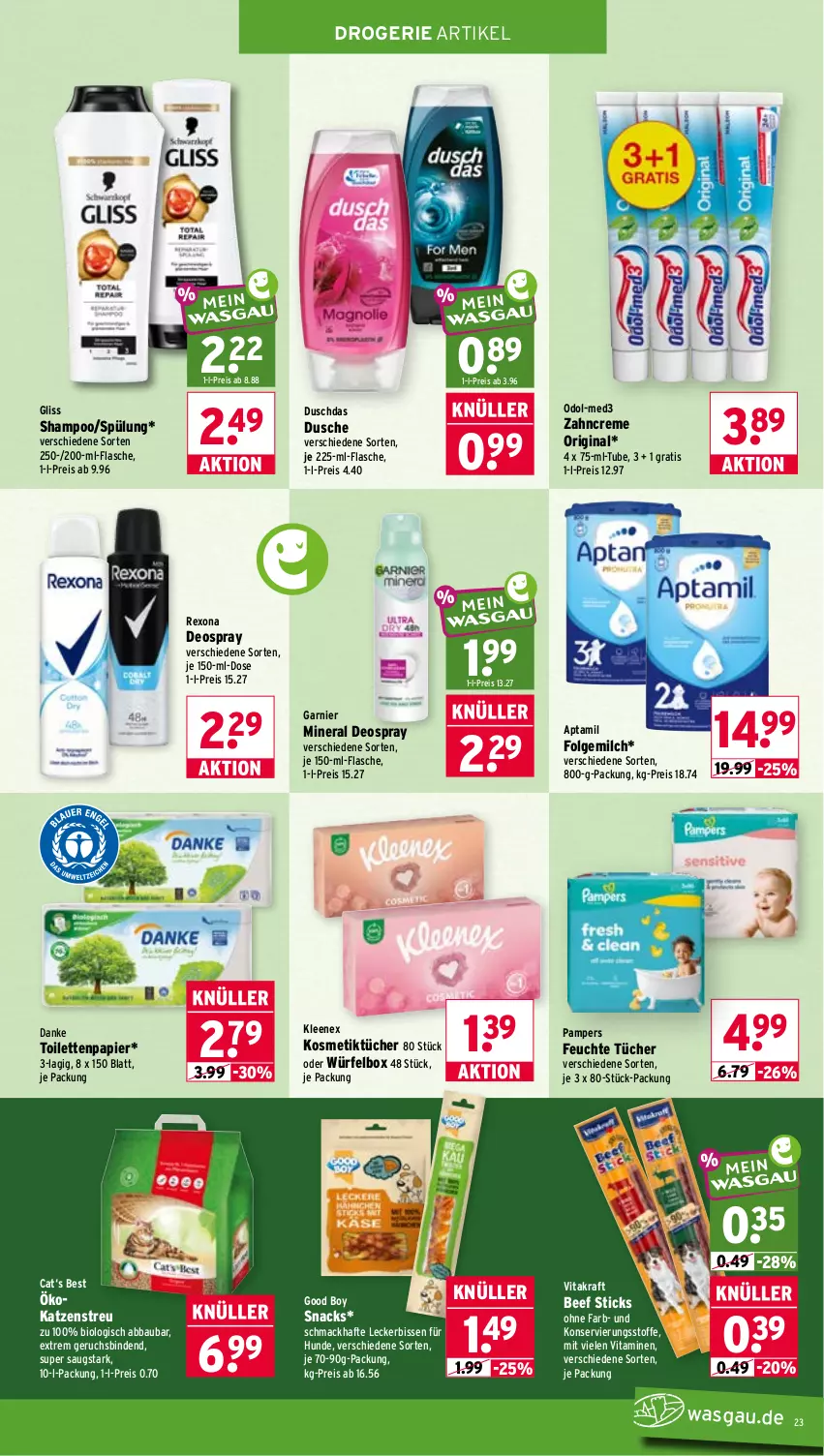 Aktueller Prospekt Wasgau - von 14.09 bis 19.09.2026 - strona 23 - produkty: Abba, Bau, beef, binden, bio, creme, deo, deospray, drucker, duschdas, dusche, eis, Engel, feuchte tücher, flasche, folgemilch, garnier, gin, gliss, Katzenstreu, kerze, kosmetik, Kosmetiktücher, kraft, LG, mac, milch, Odol, pampers, papier, reis, rexona, shampoo, snack, snacks, spülung, Ti, toilettenpapier, tücher, vita, vitakraft, Vitamine, würfel, zahncreme