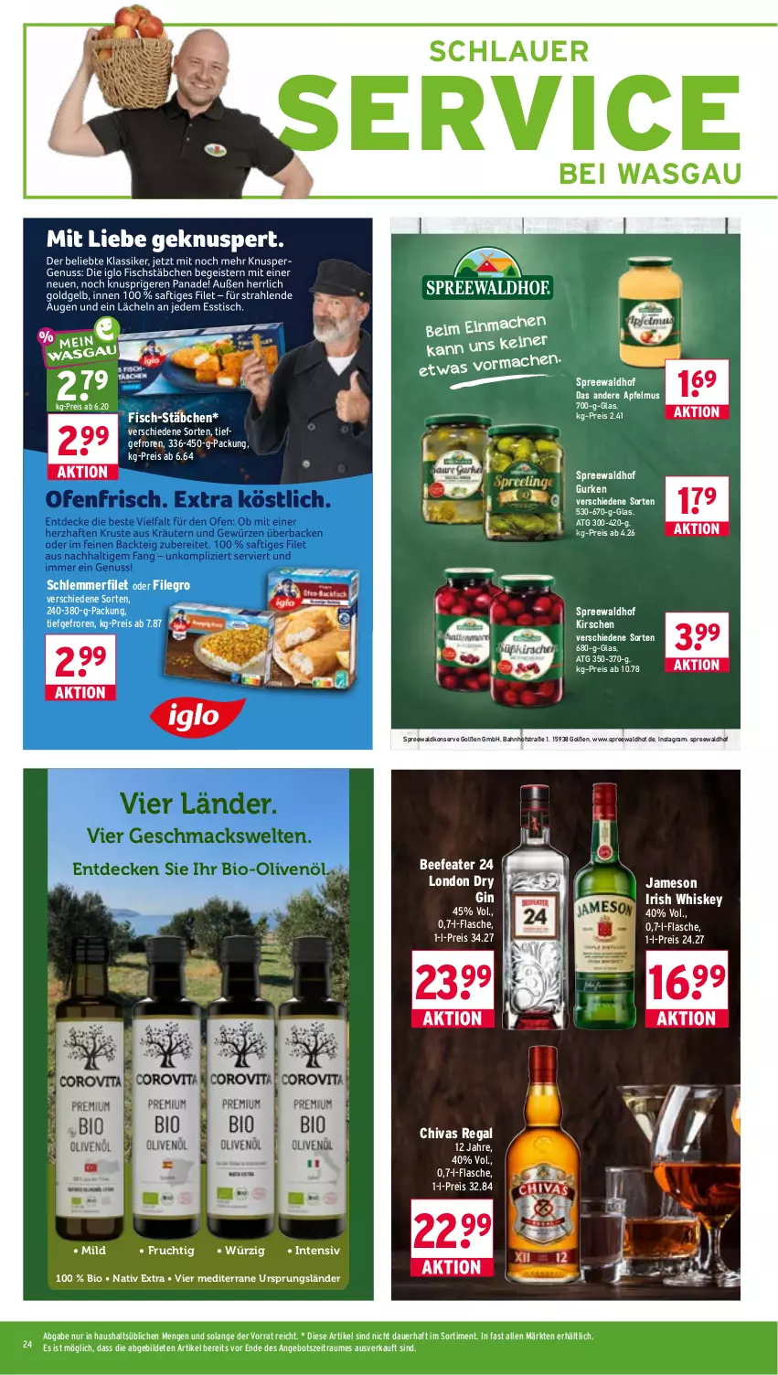 Aktueller Prospekt Wasgau - von 14.09 bis 19.09.2026 - strona 24 - produkty: angebot, apfel, apfelmus, auer, beef, Beefeater, bio, Bio-Olivenöl, decke, dry gin, eis, filegro, filet, fisch, flasche, frucht, gin, gurke, gurken, irish whiskey, jameson, kirsch, kirsche, kirschen, london dry, london dry gin, mac, olive, oliven, olivenöl, regal, reis, schlemmerfilet, spreewaldhof, Ti, whiskey