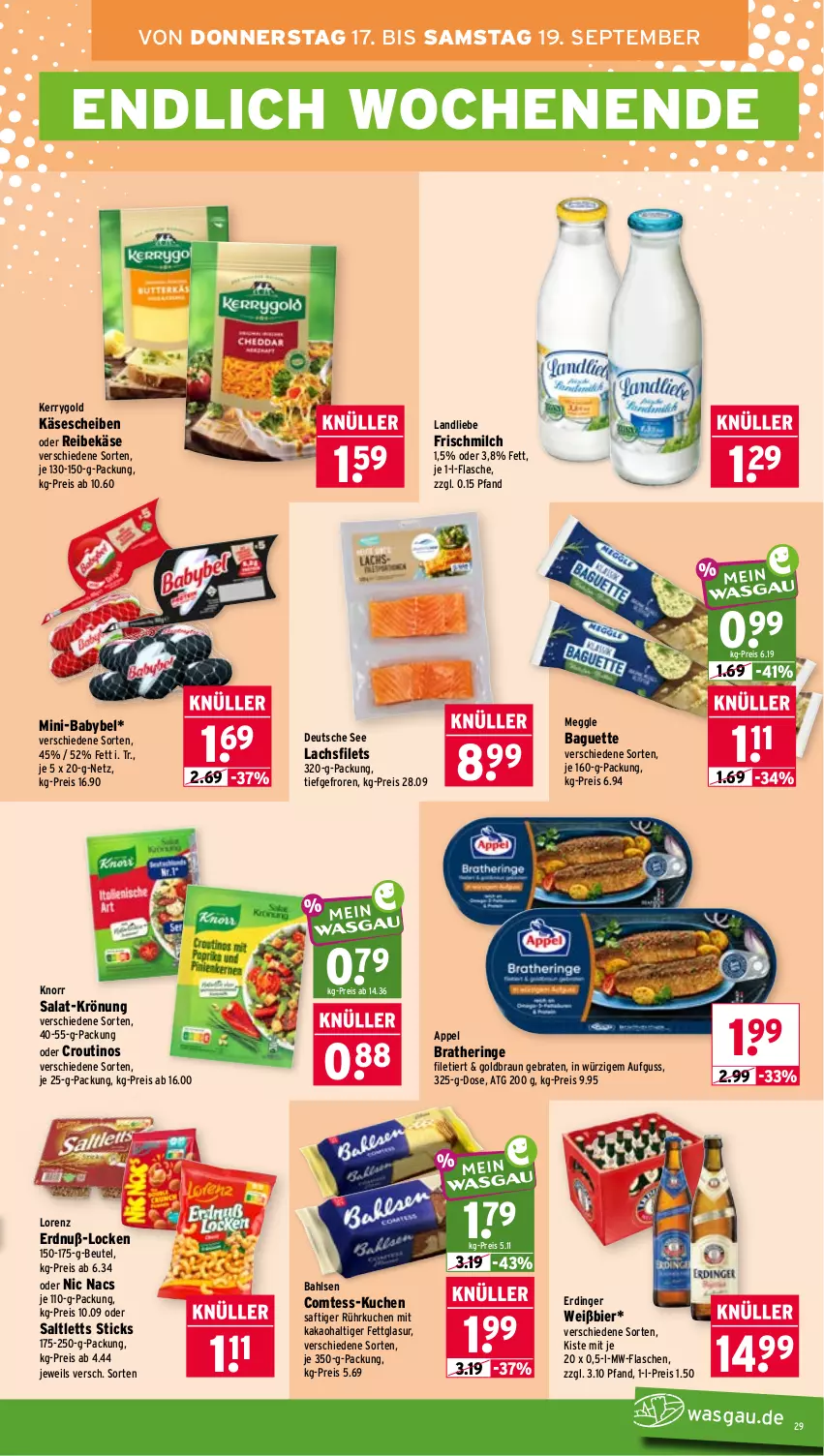 Aktueller Prospekt Wasgau - von 14.09 bis 19.09.2026 - strona 29 - produkty: babybel, baguette, bahlsen, beutel, bier, braten, Bratheringe, braun, comtess, eis, erdinger, filet, filets, flasche, hering, kakao, Käse, käsescheiben, kerrygold, knorr, kuchen, lachs, lachsfilet, lachsfilets, landliebe, lorenz, meggle, milch, mw-flasche, Reibekäse, reis, ring, saft, salat, saltletts, Ti