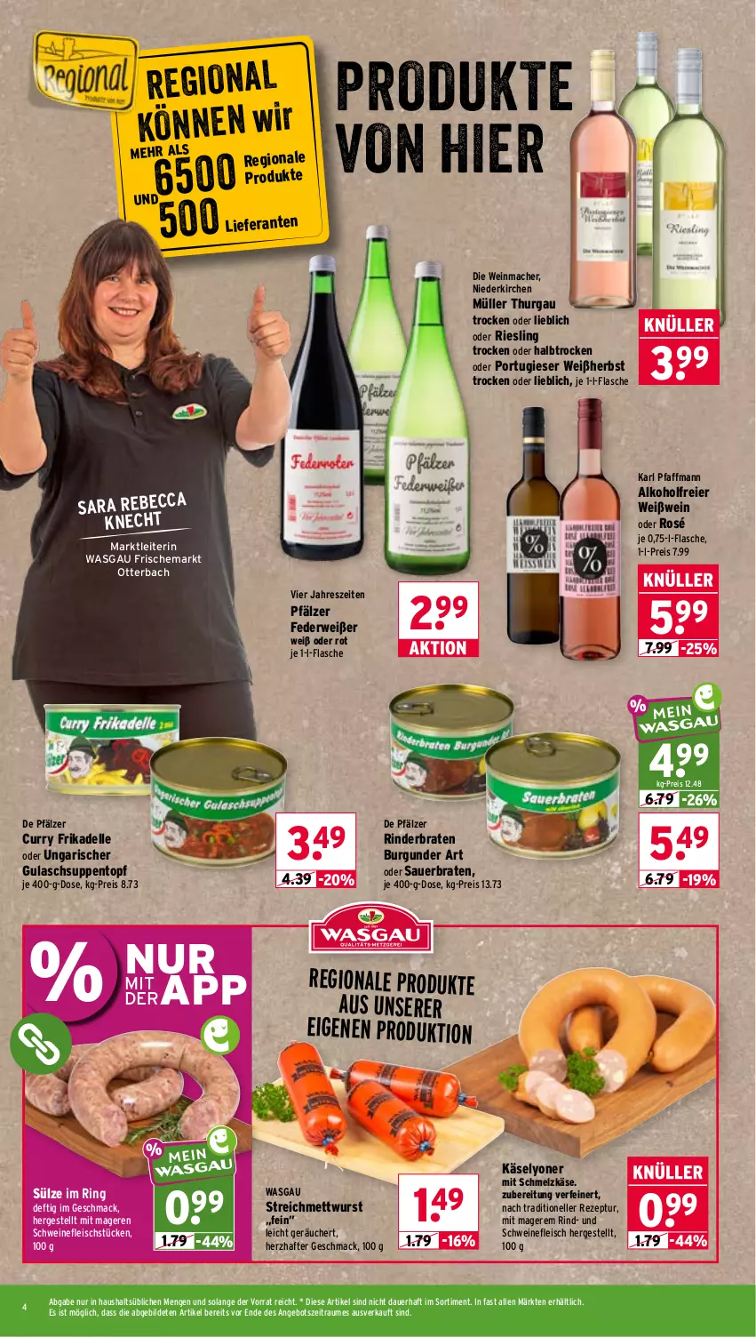 Aktueller Prospekt Wasgau - von 14.09 bis 19.09.2026 - strona 4 - produkty: alkohol, angebot, auer, braten, burgunder, curry, dell, eier, eis, elle, flasche, fleisch, gulasch, Gulaschsuppe, Käse, lyoner, mac, Mett, mettwurst, Müller, reis, rezept, riesling, rind, rinder, rinderbraten, ring, rwe, Schmelzkäse, schwein, schweine, schweinefleisch, suppe, suppen, Ti, topf, wein, weine, Weißwein, wurst, Yo
