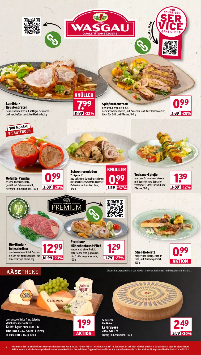 Aktueller Prospekt Wasgau - von 14.09 bis 19.09.2026 - strona 6 - produkty: albray, angebot, angebote, auer, bier, bio, braten, Brei, Brühe, chaumes, eis, filet, fleisch, für grill und pfanne, gewürz, grill, grill und pfanne, hähnchenbrust, hartkäse, ideal für grill, ideal für grill und pfanne, Käse, käsetheke, kotelett, krustenbraten, mac, marinade, Mett, mit zwiebeln, natur, nero, paprika, petersilie, pfanne, rind, rinder, rouladen, saft, Saint Agur, saint albray, schinken, schwein, schweine, schweinemett, schweinenacken, Schweineroulade, schweizer hartkäse, senf, Spezi, steak, suppe, suppen, suppenfleisch, Ti, tomate, tomaten, und pfanne, weichkäse, wein, weine, würfel, zucchini, zwiebel, zwiebeln