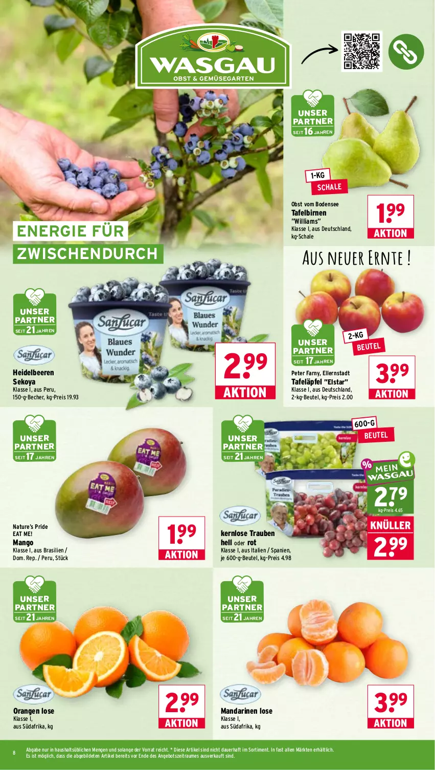 Aktueller Prospekt Wasgau - von 14.09 bis 19.09.2026 - strona 8 - produkty: angebot, auer, Becher, beere, beeren, beutel, Birnen, eis, elle, heidelbeere, heidelbeeren, mandarine, mandarinen, mango, natur, obst, orange, orangen, reis, Schal, Schale, tafeläpfel, tafelbirnen, Ti, trauben