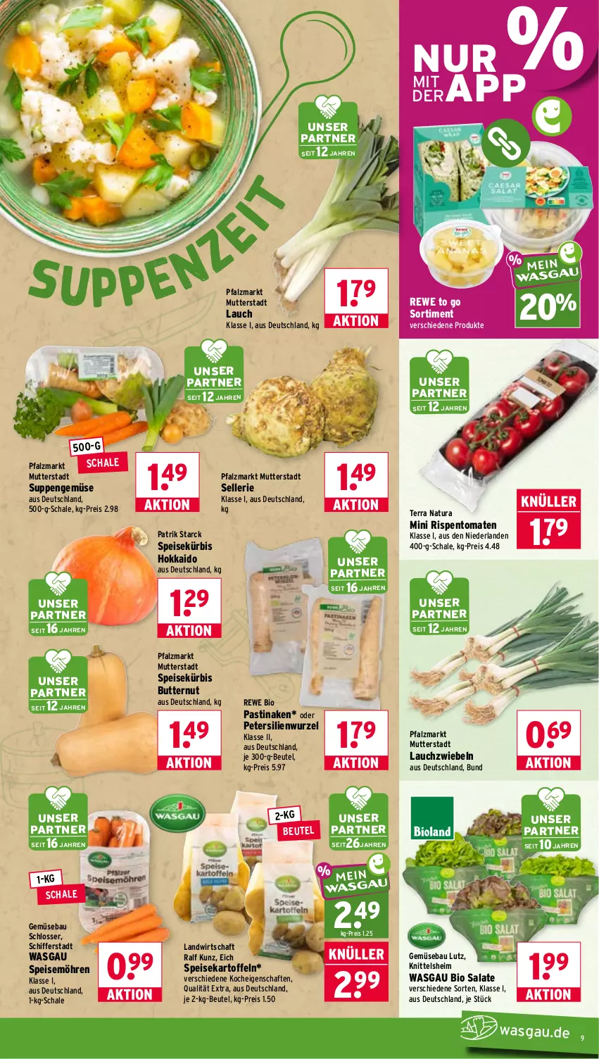 Aktueller Prospekt Wasgau - von 14.09 bis 19.09.2026 - strona 9 - produkty: asti, Bau, beutel, bio, butter, eis, elle, kartoffel, kartoffeln, Kürbis, Lauchzwiebel, lauchzwiebeln, möhren, natur, natura, petersilie, reis, rewe bio, rispentomaten, salat, salate, Schal, Schale, speisekartoffeln, speisemöhren, suppe, suppen, Ti, tomate, tomaten, zwiebel, zwiebeln