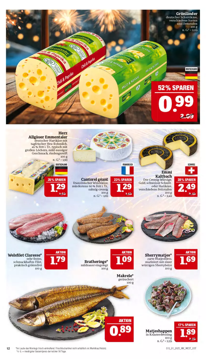 Aktueller Prospekt Marktkauf - Prospekt - von 29.12.2024 bis 04.01.2025 - strona 12 - produkty: auer, Bratheringe, dressing, eis, emmentaler, emmi, filet, filets, fisch, französischer weichkäse, frischfisch, grünländer, hartkäse, hering, Heu, Käse, kräuter, LG, mac, Makrele, matjes, Matjesfilet, matjesfilets, milch, nuss, reis, rel, rind, ring, Ti, tisch, weichkäse, Wels, ZTE