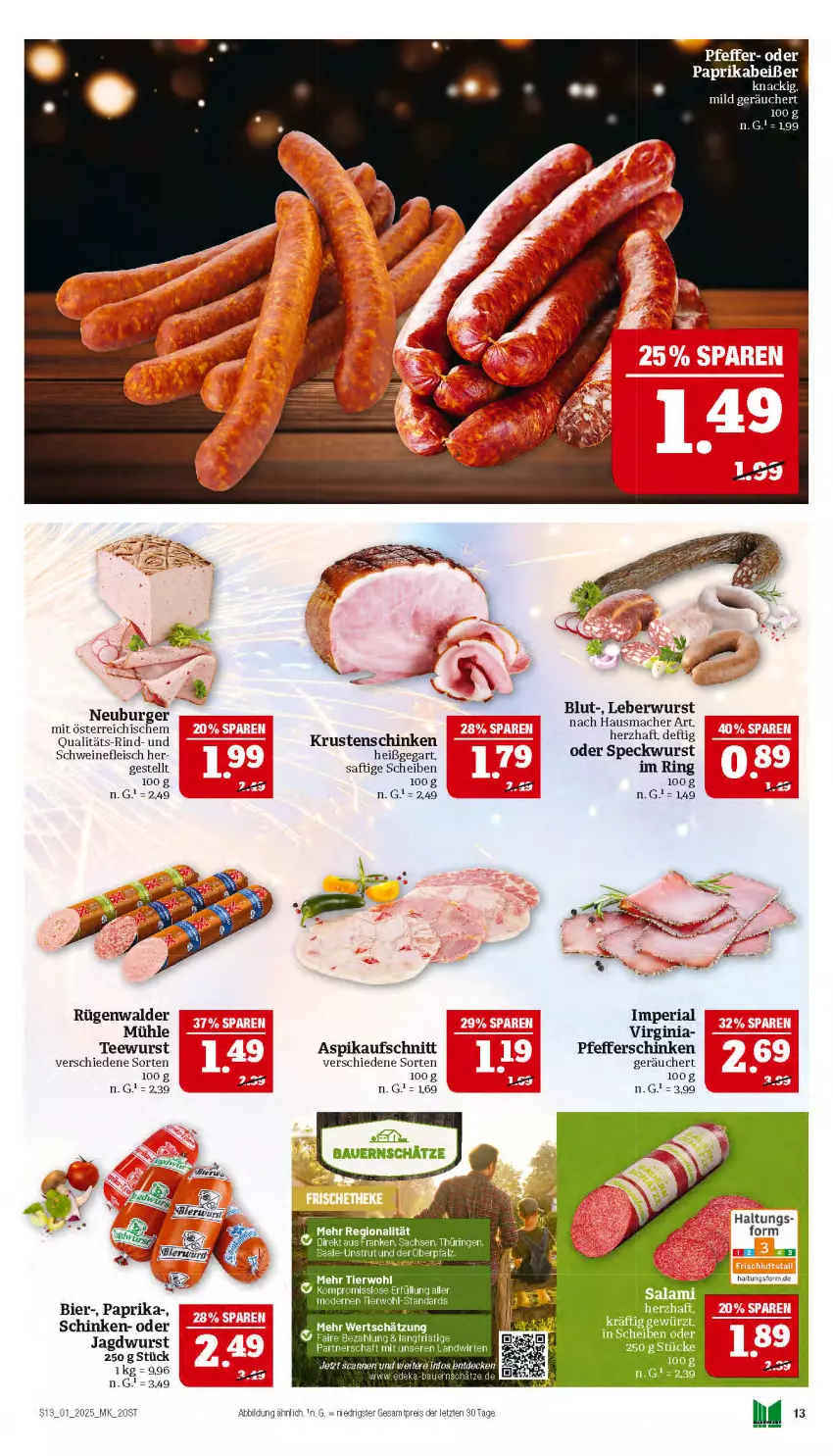 Aktueller Prospekt Marktkauf - Prospekt - von 29.12.2024 bis 04.01.2025 - strona 13 - produkty: auer, aufschnitt, Bau, Bauer, bier, eis, fleisch, gin, Hausmacher, jagdwurst, Krustenschinken, leberwurst, mac, Mode, paprika, pfeffer, reis, Ria, rind, ring, rügenwalder, rügenwalder mühle, saft, salami, Salsa, schinken, schwein, schweine, schweinefleisch, Speck, tee, teewurst, Ti, wein, weine, wurst, ZTE