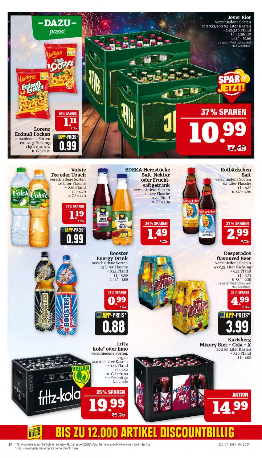 Aktueller Prospekt Marktkauf - Prospekt - von 29.12.2024 bis 04.01.2025 - strona 20 - produkty: aktionspreis, bier, cola, deka, desperados, discount, drink, eis, energy drink, flasche, fritz, frucht, getränk, karlsberg, karlsberg mixery, limo, lorenz, Mixer, mixery, Nektar, nuss, reis, saft, tee, Ti, volvic, ZTE