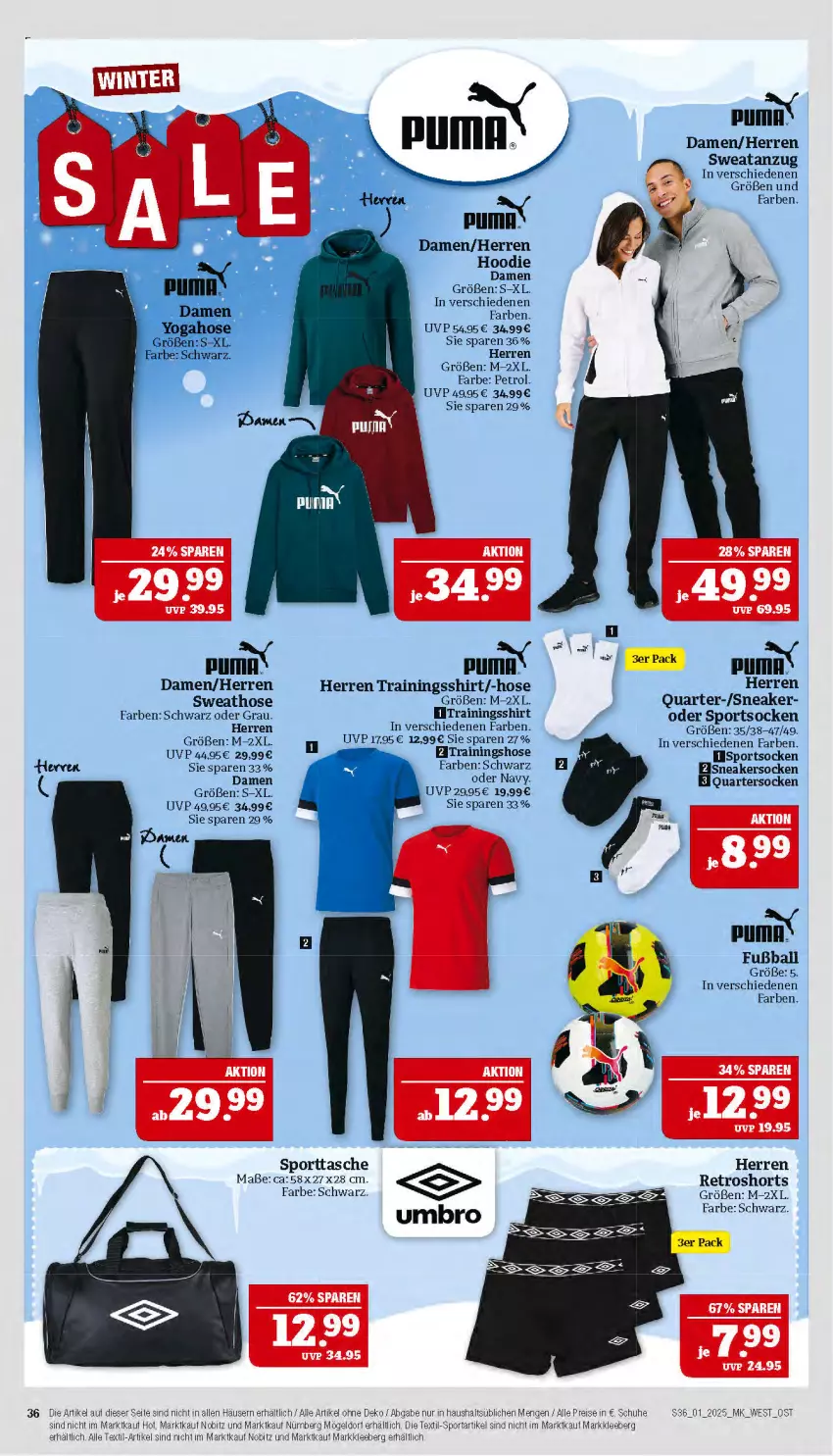 Aktueller Prospekt Marktkauf - Prospekt - von 29.12.2024 bis 04.01.2025 - strona 36 - produkty: Anzug, ball, eis, Fußball, hose, puma, reis, retroshorts, schuhe, shirt, shorts, sneaker, sneakersocken, socken, Sport, sportsocken, sporttasche, Sweathose, Tasche, Ti, Trainingshose, Umbro