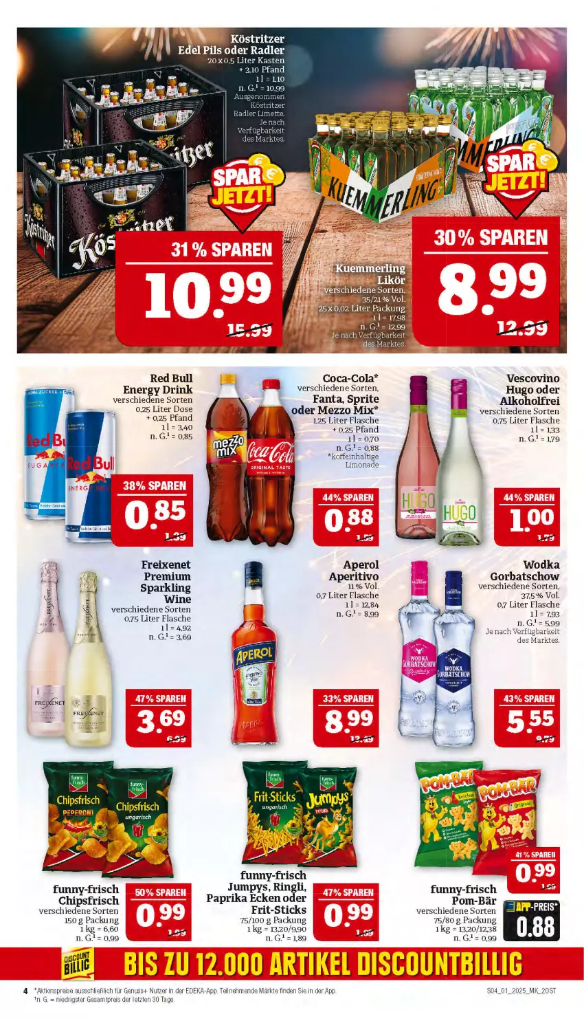 Aktueller Prospekt Marktkauf - Prospekt - von 29.12.2024 bis 04.01.2025 - strona 4 - produkty: alkohol, aperol, chips, chipsfrisch, coca-cola, cola, deka, drink, eis, energy drink, fanta, flasche, freixenet, Frit-Sticks, funny-frisch, Gorbatschow, hugo, köstritzer, limo, limonade, Mezzo Mix, nuss, paprika, pom-bär, red bull, reis, ring, sprite, Ti, vescovino, wodka, ZTE