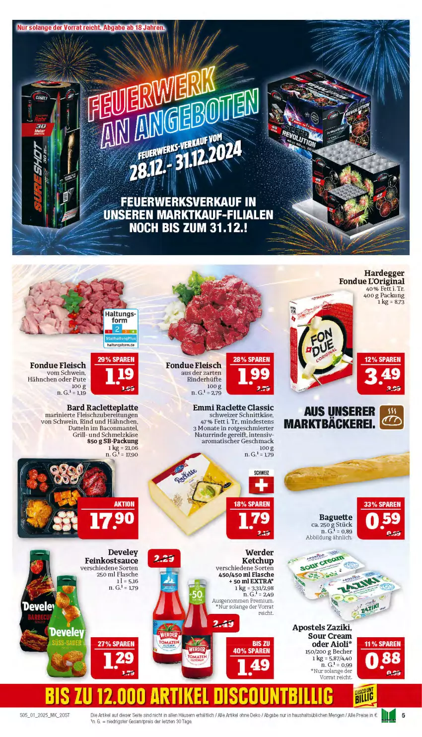 Aktueller Prospekt Marktkauf - Prospekt - von 29.12.2024 bis 04.01.2025 - strona 5 - produkty: aioli, apostels, bacon, baguette, Becher, Datteln, develey, Egger, eis, emmi, erde, feinkost, flasche, fleisch, Fondue, gin, grill, Käse, ketchup, latte, mac, Mantel, natur, pute, reis, rind, rinder, Rinderhüfte, sauce, Schmelzkäse, schnittkäse, schwein, schweizer schnittkäse, sour cream, Ti, tisch, wein, zaziki, ZTE