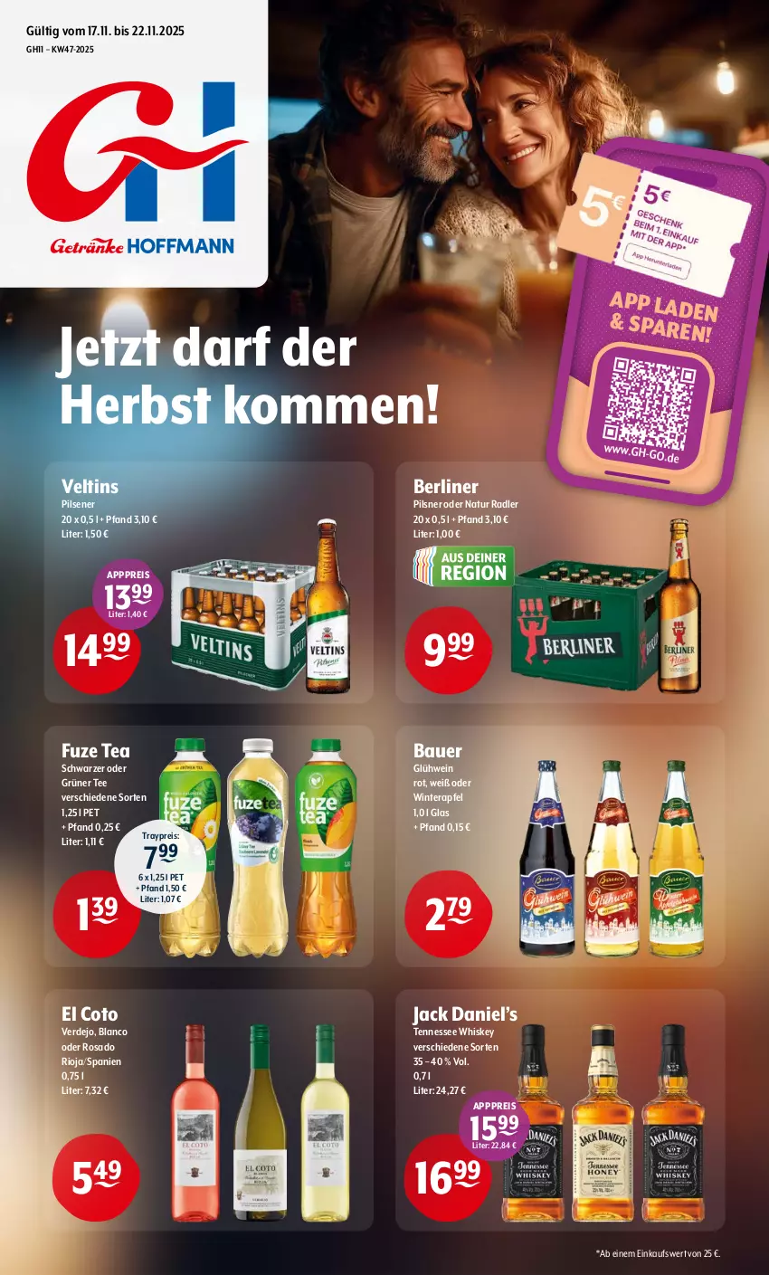 Aktueller Prospekt Getraenke Hoffmann - Prospekte - von 17.11 bis 22.11.2025 - strona 1 - produkty: apfel, auer, Bau, Bauer, berliner, eis, erde, fuze tea, Glühwein, grüner tee, jack daniel, Jack Daniel’s, natur, natur radler, pils, pilsener, pilsner, radler, reis, rioja, tee, tennessee whiskey, Ti, veltins, wein, whiskey