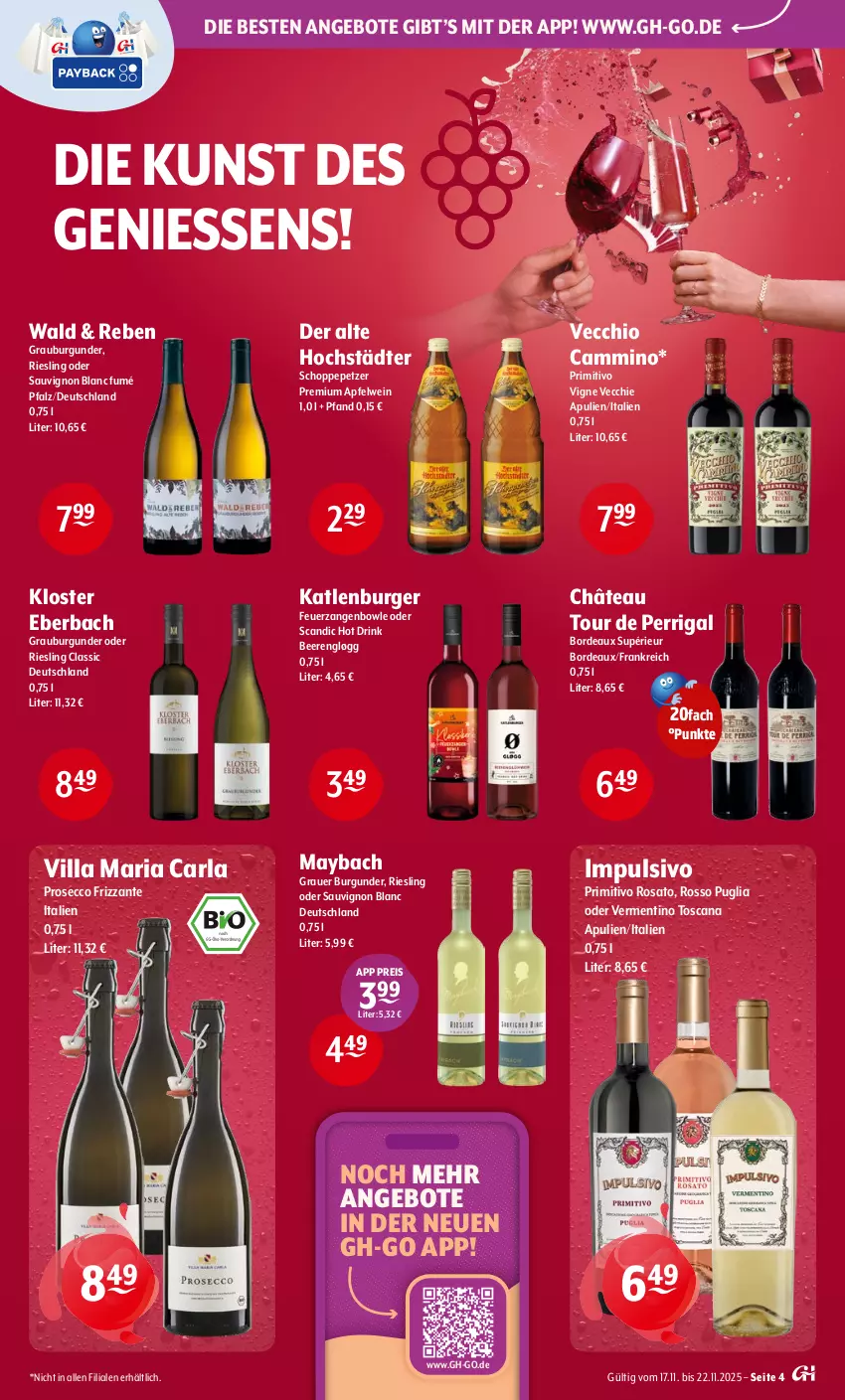 Aktueller Prospekt Getraenke Hoffmann - Prospekte - von 17.11 bis 22.11.2025 - strona 4 - produkty: angebot, angebote, apfel, apfelwein, arla, auer, beere, beeren, bowle, burger, burgunder, drink, ecco, eis, frizzante, grauburgunder, grauer burgunder, katlenburger, Kloster Eberbach, maybach, primitivo, prosecco, reis, Ria, riesling, rosato, sauvignon, sauvignon blanc, Ti, wein, Zangen