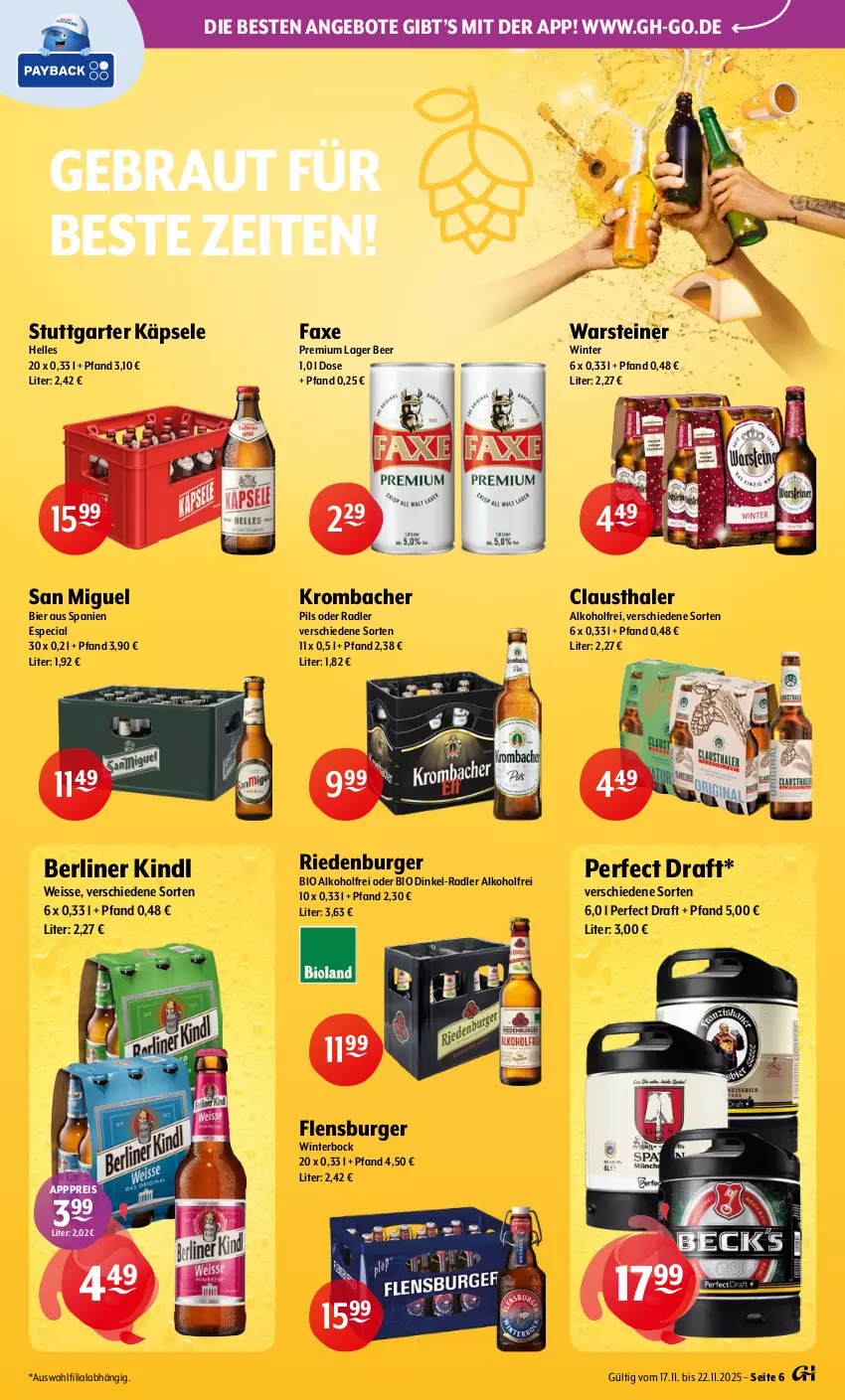 Aktueller Prospekt Getraenke Hoffmann - Prospekte - von 17.11 bis 22.11.2025 - strona 6 - produkty: alkohol, angebot, angebote, aust, axe, berliner, berliner kindl, bier, bio, burger, clausthaler, eis, elle, flensburger, krombache, krombacher, krombacher pils, oder radler, pils, radler, reis, steiner, Ti, warsteiner