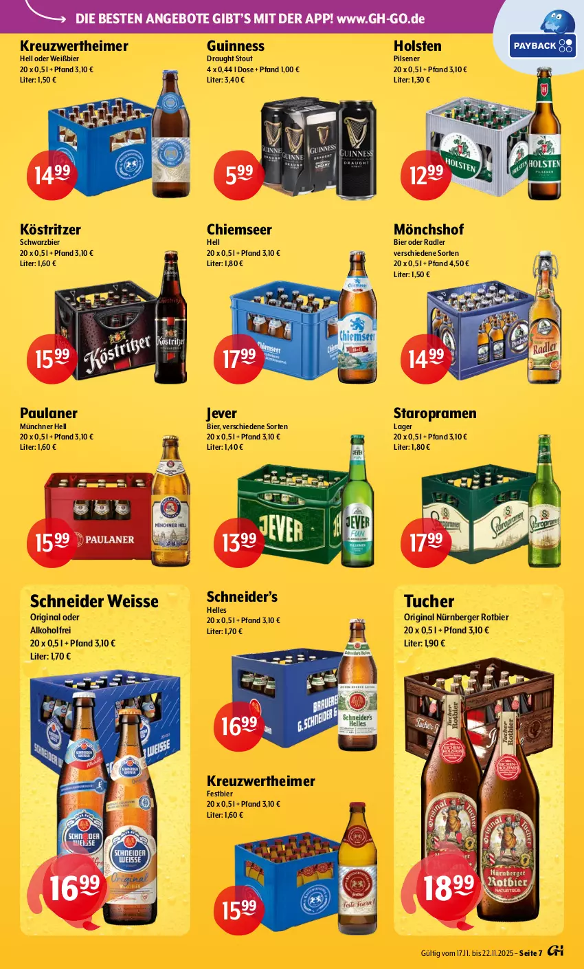 Aktueller Prospekt Getraenke Hoffmann - Prospekte - von 17.11 bis 22.11.2025 - strona 7 - produkty: alkohol, angebot, angebote, Berger, bier, eimer, eis, elle, gin, Guinness, holsten, holsten pilsener, jever, köstritzer, mönchshof, nürnberger, oder radler, Paula, paulaner, pils, pilsener, radler, Staropramen, Ti, tuc, Tucher