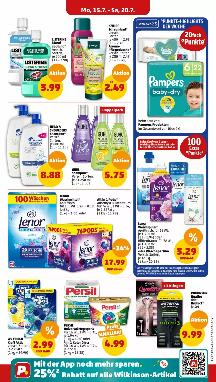 Aktueller Prospekt Penny - Prospekte - von 15.07 bis 20.07.2024 - strona 13 - produkty: angebot, angebote, Bad, Blüte, dusche, erde, Guhl, kneipp, kraft, lenor, listerine, mac, megaperls, pampers, payback, pflegedusche, Pods, pril, schaumbad, shampoo, spülung, Ti, universal megaperls, wäscheparfüm, waschmittel, wc frisch, weichspüler, wilkinson