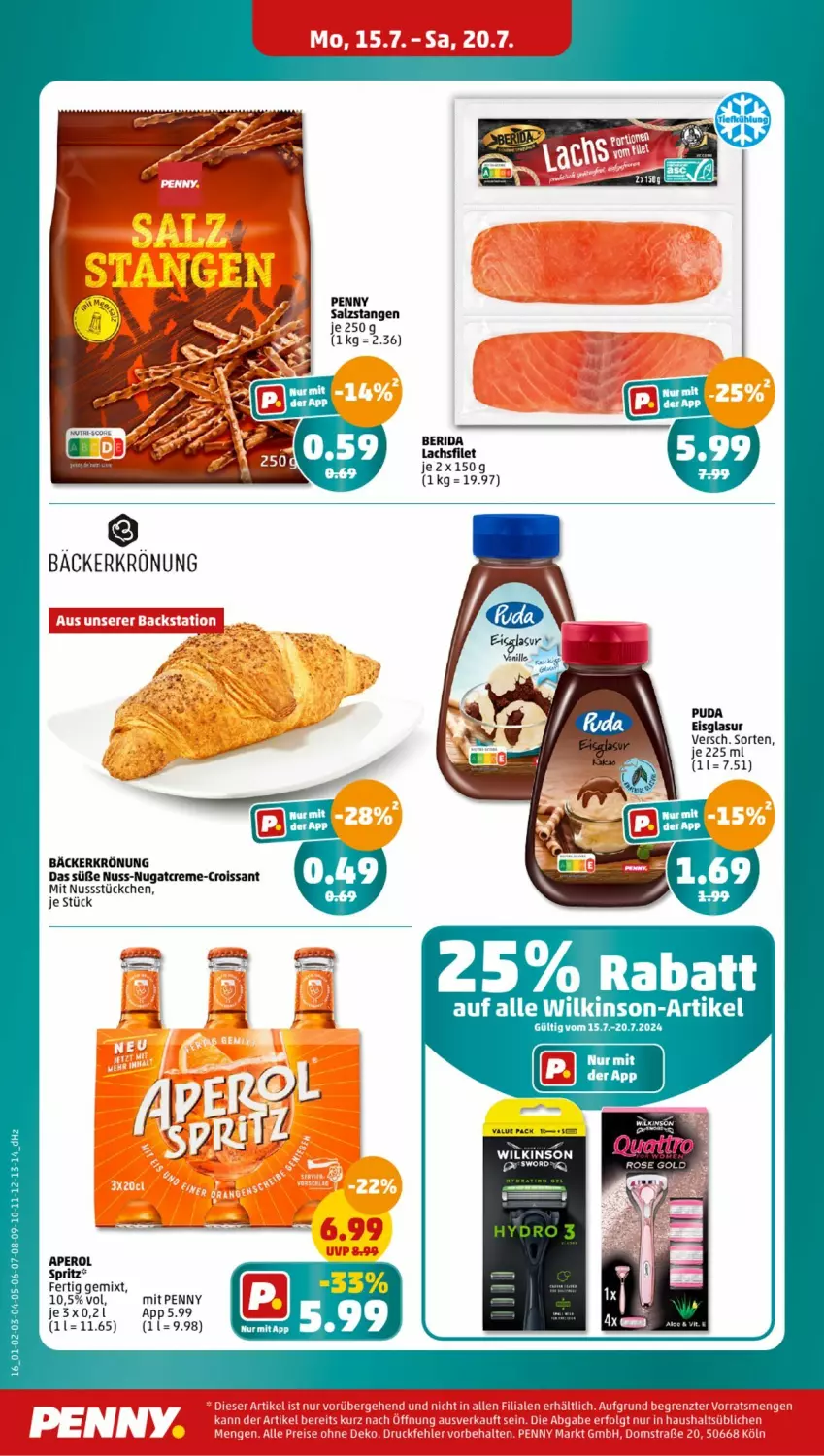 Aktueller Prospekt Penny - Prospekte - von 15.07 bis 20.07.2024 - strona 16 - produkty: creme, Croissant, eis, filet, lachs, lachsfilet, nuss, Ti, wilkinson