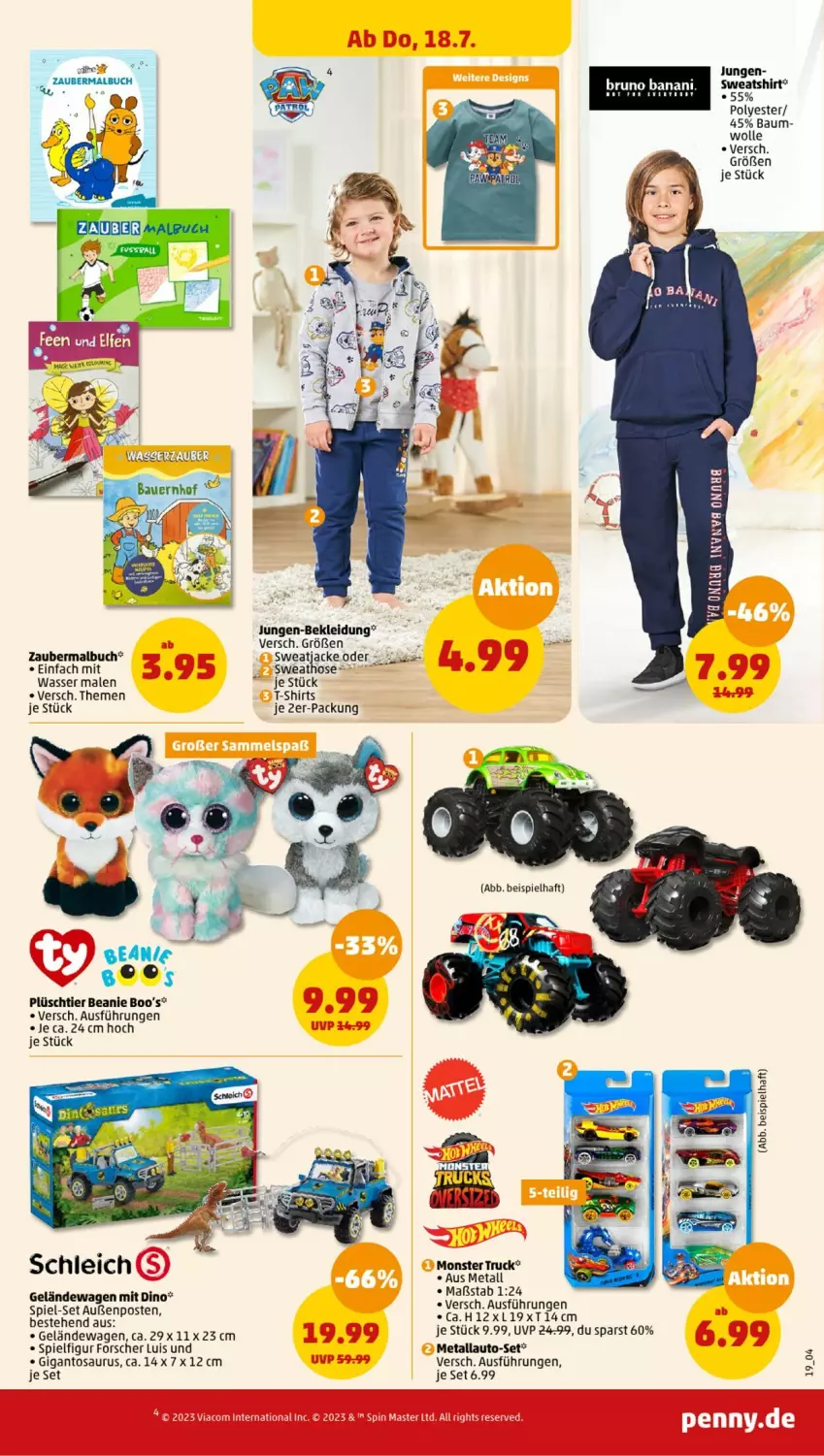 Aktueller Prospekt Penny - Prospekte - von 15.07 bis 20.07.2024 - strona 19 - produkty: auto, Bau, Beanie, buch, eis, hose, Jacke, kleid, Kleidung, Malbuch, monster, Monster Truck, Plüsch, Schleich, shirt, shirts, Sweathose, sweatjacke, Sweatshirt, T-Shirt, Ti, wasser, wolle