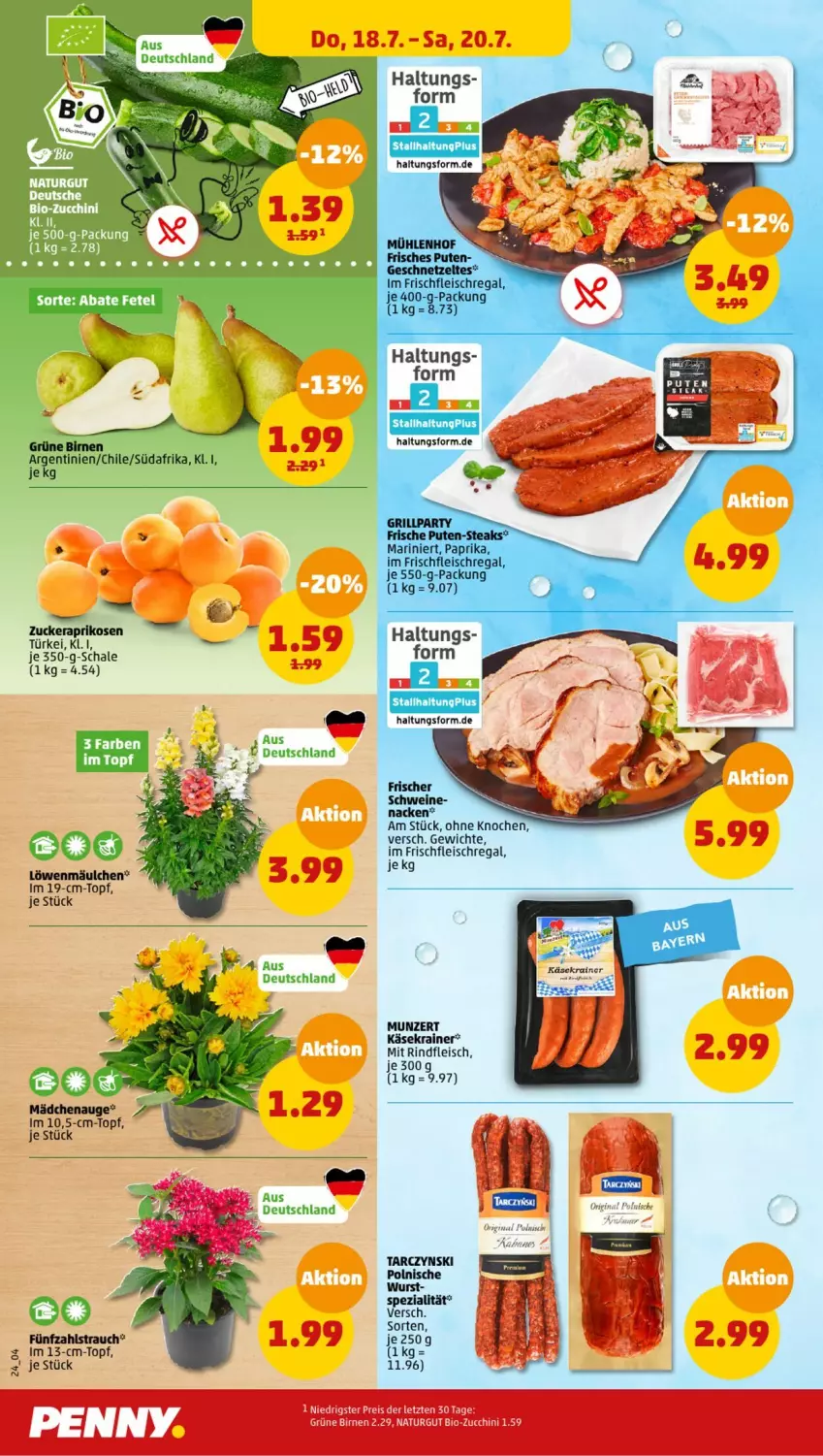 Aktueller Prospekt Penny - Prospekte - von 15.07 bis 20.07.2024 - strona 24 - produkty: bio, bio-zucchini, Birnen, eis, fleisch, geschnetzeltes, grill, Käse, Käsekrainer, natur, paprika, pute, Rauch, regal, reis, rind, rindfleisch, Schal, Schale, schwein, schweine, Spezi, steak, steaks, Ti, topf, wein, weine, wurst, Zelt, ZTE, zucchini