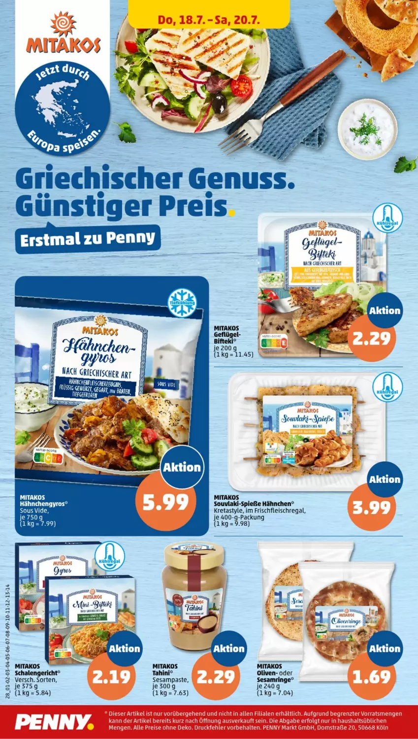 Aktueller Prospekt Penny - Prospekte - von 15.07 bis 20.07.2024 - strona 28 - produkty: Bifteki, eis, fleisch, Geflügel, gewürz, gyros, Hähnchengyros, olive, oliven, regal, ring, Schal, Schale, sesam, Sesamring, Ti