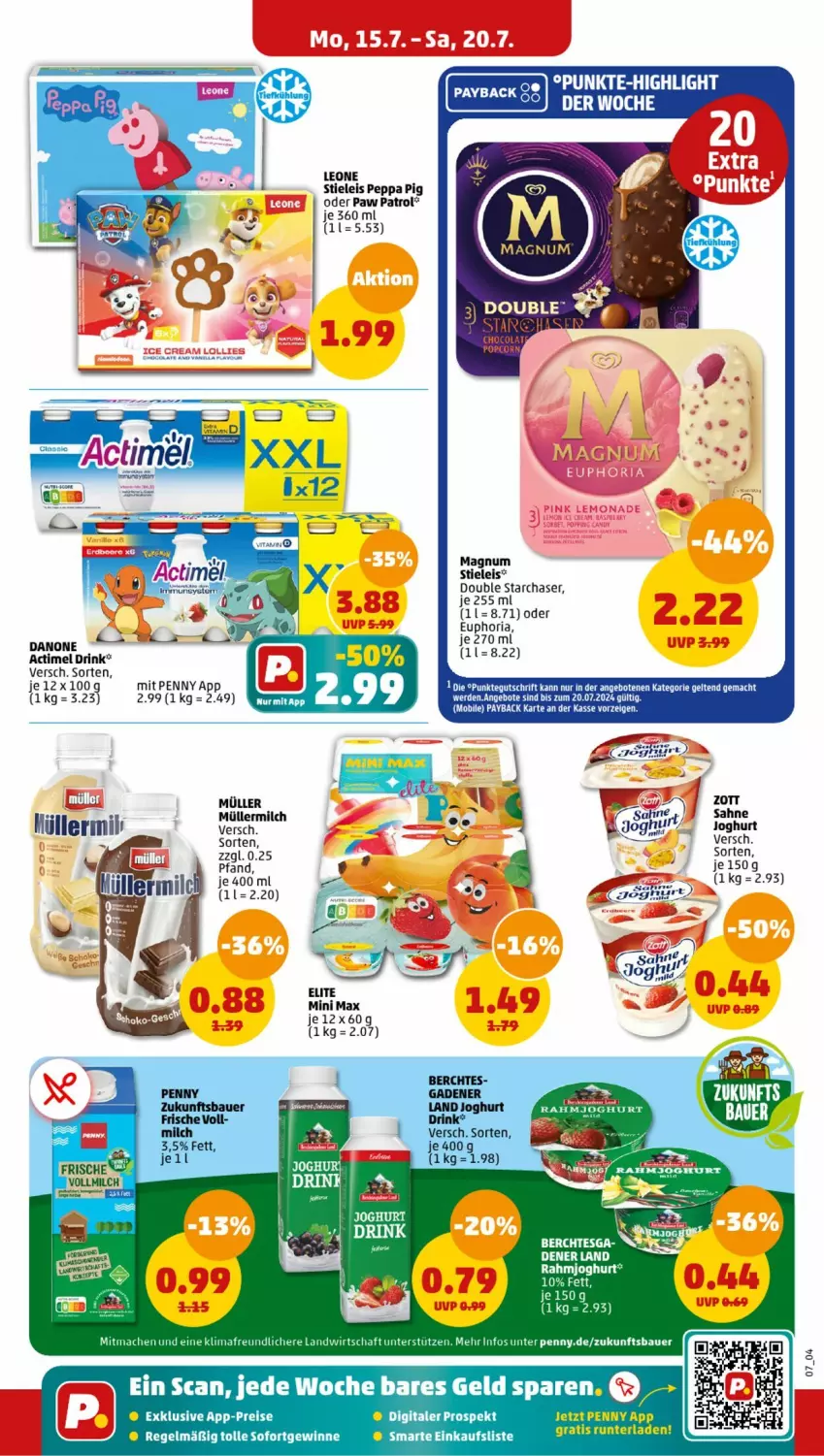 Aktueller Prospekt Penny - Prospekte - von 15.07 bis 20.07.2024 - strona 7 - produkty: actimel, actimel drink, angebot, angebote, auer, Bau, Bauer, drink, eis, joghur, joghurt, mac, milch, Müller, müllermilch, Paw Patrol, payback, Peppa Pig, rahmjoghurt, reis, Ria, stieleis, Ti