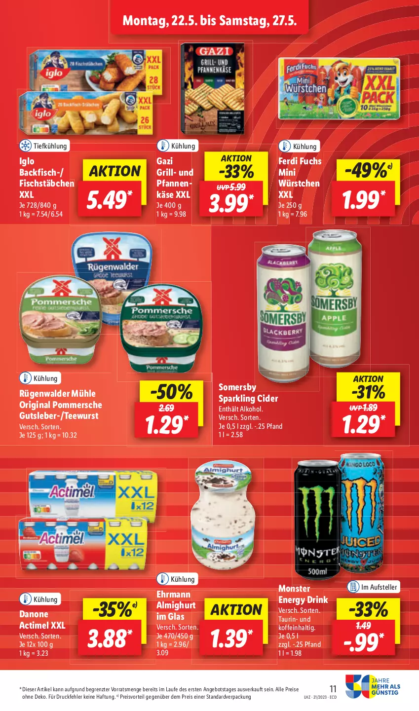 Aktueller Prospekt Lidl - Aktionsprospekt - von 22.05 bis 27.05.2023 - strona 15 - produkty: alkohol, cider, danone, drink, ehrmann, elle, energy drink, ferdi fuchs, fisch, fischstäbchen, gin, grill, Käse, Pommersche, rügenwalder, somersby, teller, Ti, wurst, würstchen