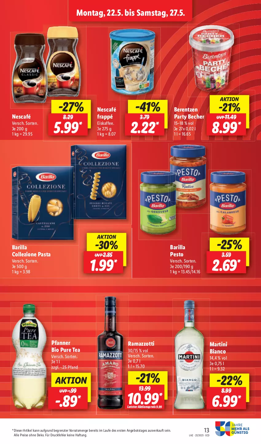 Aktueller Prospekt Lidl - Aktionsprospekt - von 22.05 bis 27.05.2023 - strona 17 - produkty: aktionspreis, barilla, Becher, berentzen, bio, eis, kaffee, pasta, pesto, rama, ramazzott, ramazzotti, reis, Ti, zott, ZTE