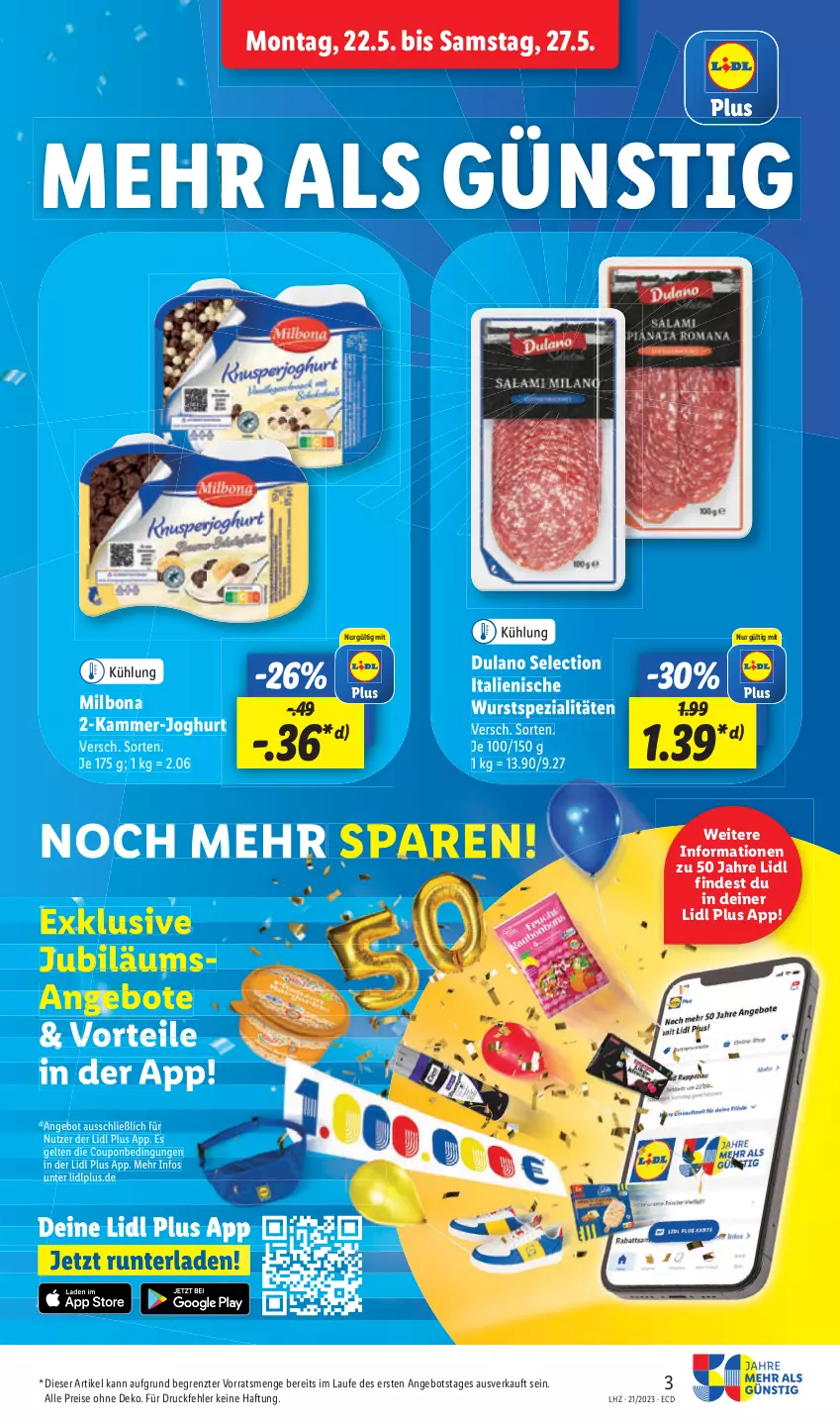 Aktueller Prospekt Lidl - Aktionsprospekt - von 22.05 bis 27.05.2023 - strona 3 - produkty: angebot, Bona, coupon, dulano, Jubiläums, Spezi, Ti, wurst