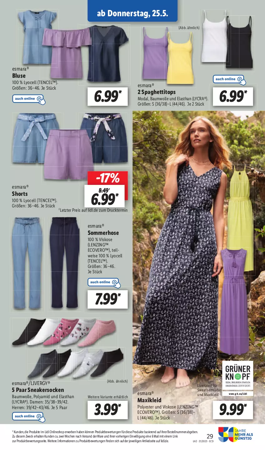 Aktueller Prospekt Lidl - Aktionsprospekt - von 22.05 bis 27.05.2023 - strona 37 - produkty: Bau, baumwolle, bermuda, bermudas, ecovero, eis, esmara, kleid, lenzing, livergy, maxikleid, reis, Ria, Ti, weck, wolle, Yo, ZTE