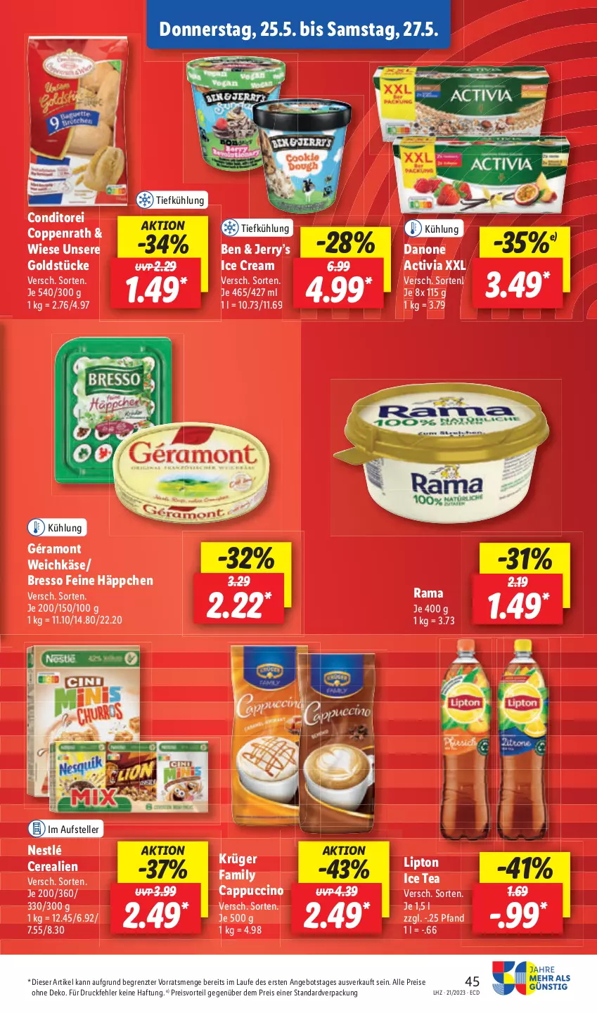 Aktueller Prospekt Lidl - Aktionsprospekt - von 22.05 bis 27.05.2023 - strona 53 - produkty: bresso, Cap, cappuccino, cerealien, cin, coppenrath, danone, elle, Goldstücke, Käse, rama, teller, Ti, weichkäse