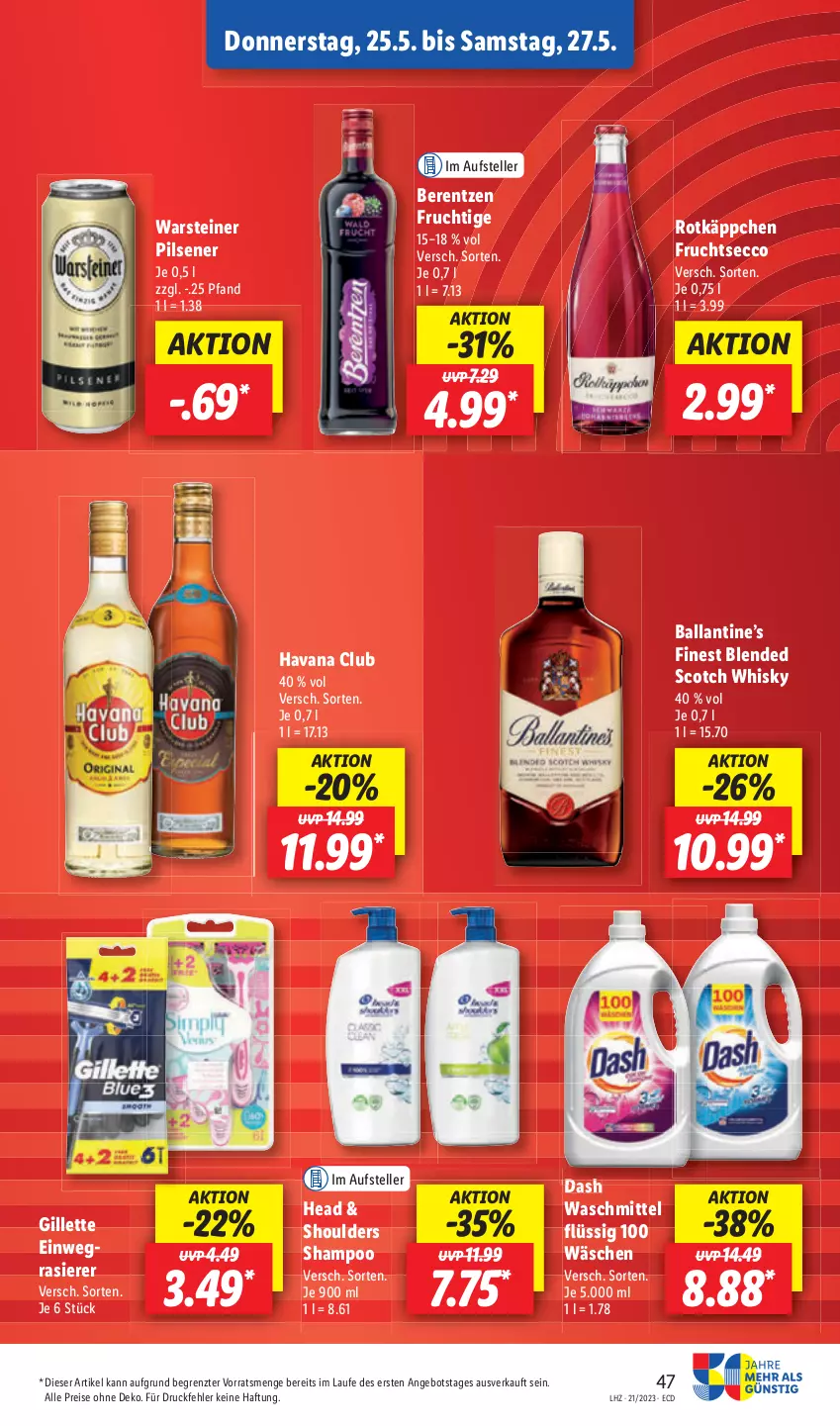 Aktueller Prospekt Lidl - Aktionsprospekt - von 22.05 bis 27.05.2023 - strona 55 - produkty: ball, berentzen, blended scotch, blended scotch whisky, ecco, elle, frucht, fruchtsecco, gillette, Havana Club, pils, pilsener, rasierer, rotkäppchen, scotch, scotch whisky, shampoo, steiner, teller, Ti, warsteiner, waschmittel, whisky