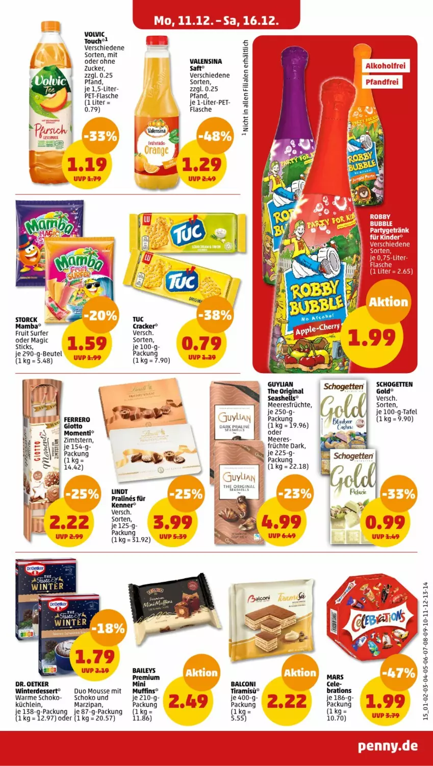 Aktueller Prospekt Penny - Prospekte - von 11.12 bis 16.12.2023 - strona 15 - produkty: Alcon, baileys, beutel, cracker, dessert, Dr. Oetker, erde, ferrero, flasche, früchte, gin, giotto, mam, mars, marzipan, meeresfrüchte, mousse, Muffin, muffins, pet-flasche, saft, schogetten, schoko, storck, Surf, Ti, tuc, valensina, volvic, zucker