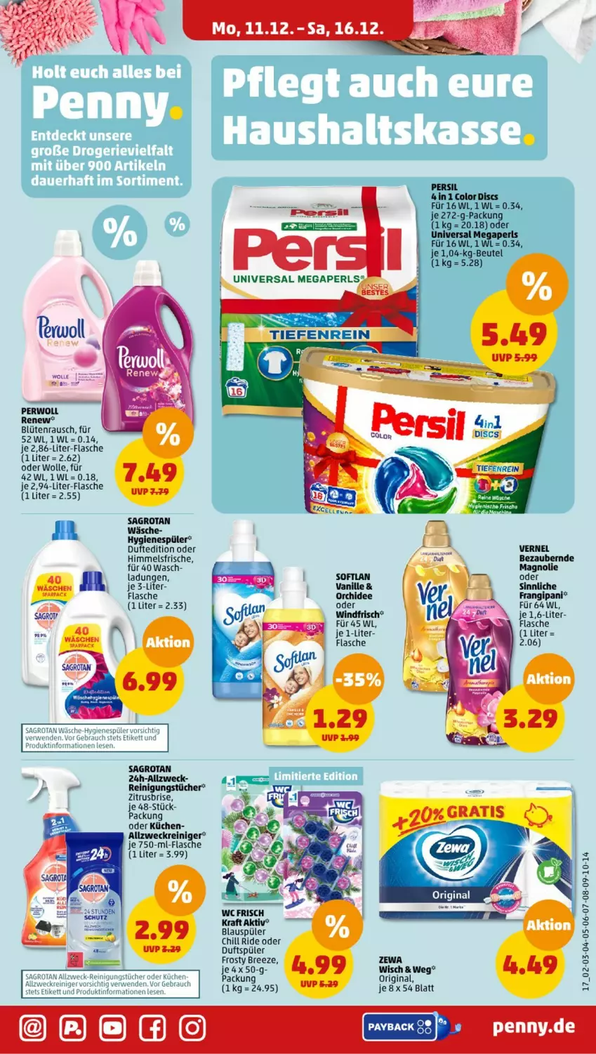 Aktueller Prospekt Penny - Prospekte - von 11.12 bis 16.12.2023 - strona 17 - produkty: allzweckreiniger, beutel, Blüte, bree, flasche, gin, hygienespüler, kraft, küche, Küchen, megaperls, orchidee, persil, perwoll, Rauch, reiniger, Reinigung, reinigungstücher, rwe, sagrotan, Softlan, Ti, tücher, universal megaperls, usb, vanille, vernel, weck, wolle, zewa