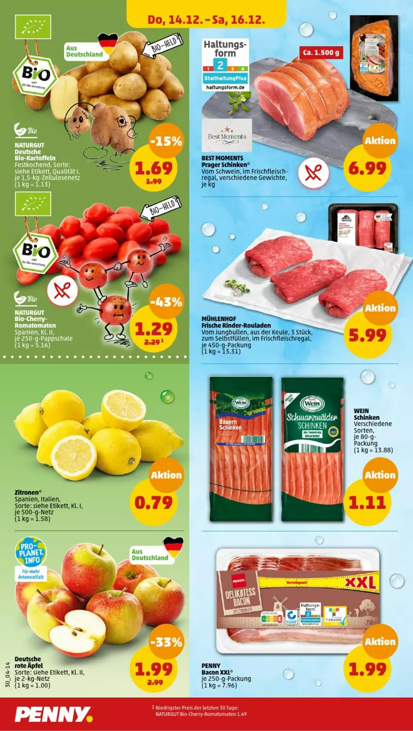 Aktueller Prospekt Penny - Prospekte - von 11.12 bis 16.12.2023 - strona 30 - produkty: bacon, bio, cin, eier, eis, fleisch, je 250-g-packung, jungbullen, natur, regal, reis, Romatomaten, schinken, schwein, Ti, tomate, tomaten, wein, zitrone, zitronen, ZTE