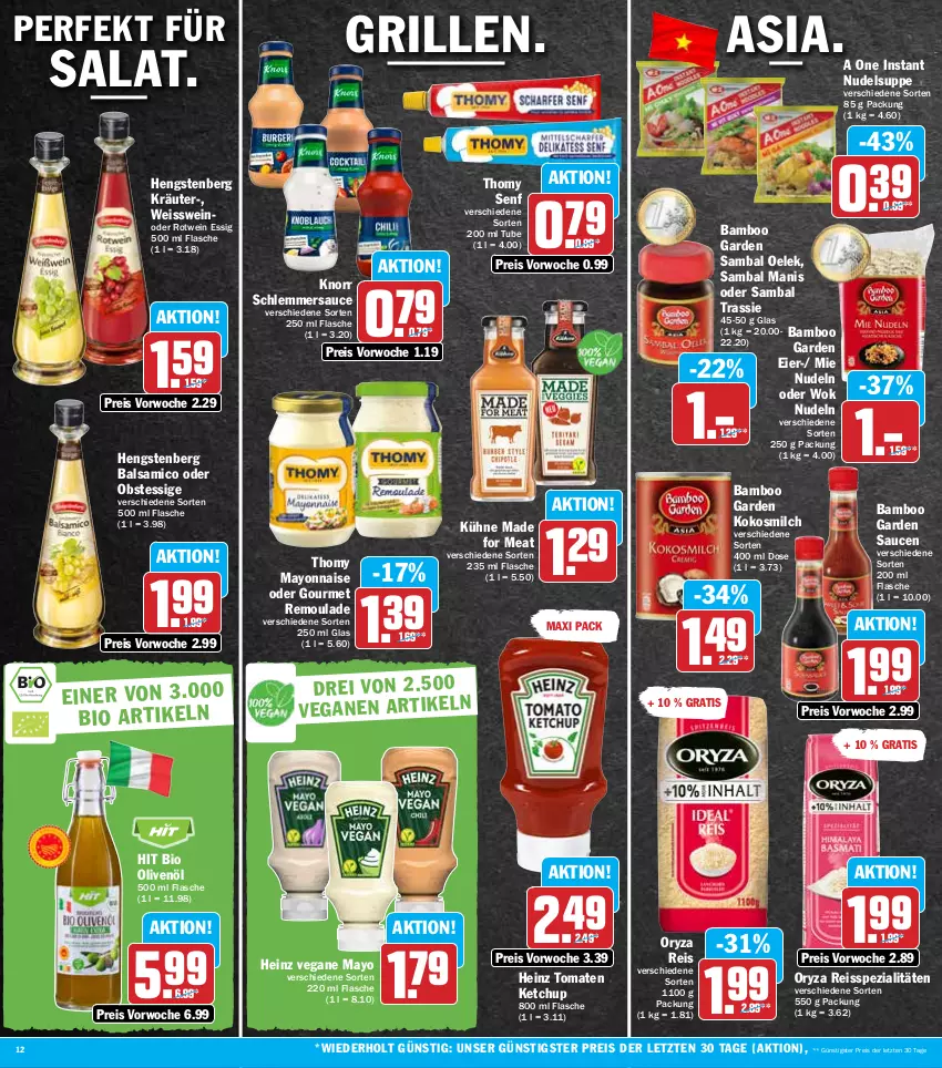 Aktueller Prospekt Hit - Prospekte - von 20.06 bis 25.06.2022 - strona 12 - produkty: balsam, balsamico, bamboo, bio, eier, eis, essig, flasche, grill, heinz, hengstenberg, ketchup, knorr, kokos, kokosmilch, kräuter, Kühne, mayonnaise, milch, nudel, nudeln, obst, olive, oliven, olivenöl, oryza, reis, reiss, remoulade, rotwein, salat, Sambal Oelek, sauce, saucen, schlemmersauce, senf, Spezi, suppe, thomy, Ti, tomate, tomaten, tomaten ketchup, wein, wok, Yo, ZTE